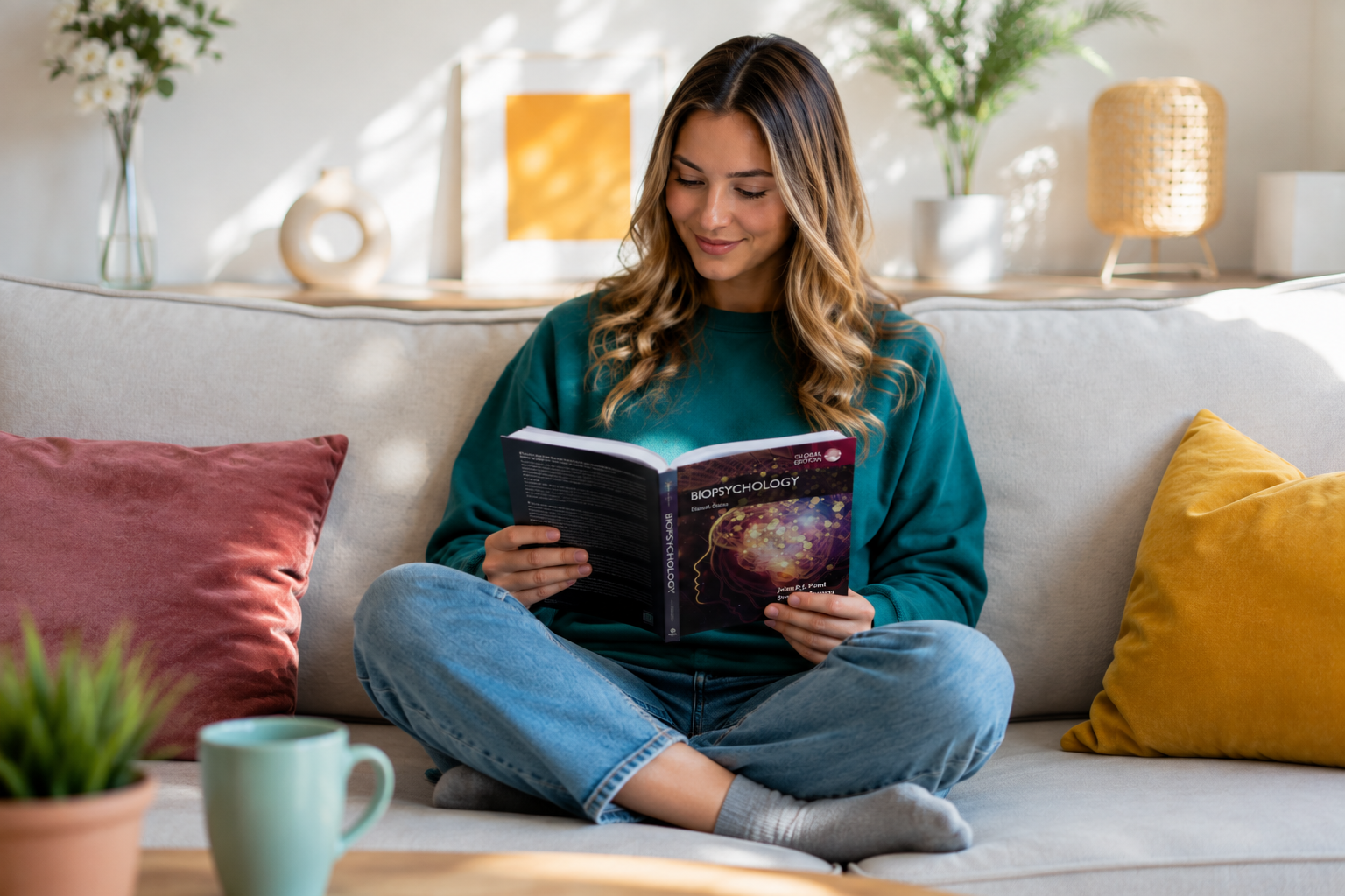 Woman reading a biopsychology book while learning about the biopsychosocial approach to therapy.