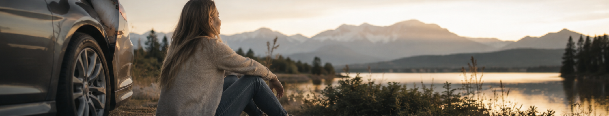 Person sitting peacefully near a vehicle in nature representing healing and recovery after a motor vehicle accident