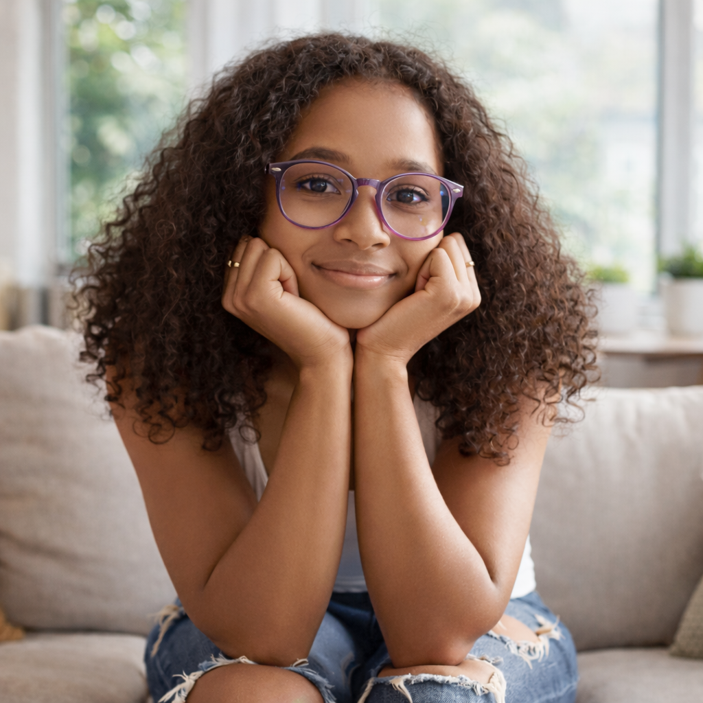 Teen girl smiling with glasses in a bright home setting representing virtual teen counselling in Ontario.