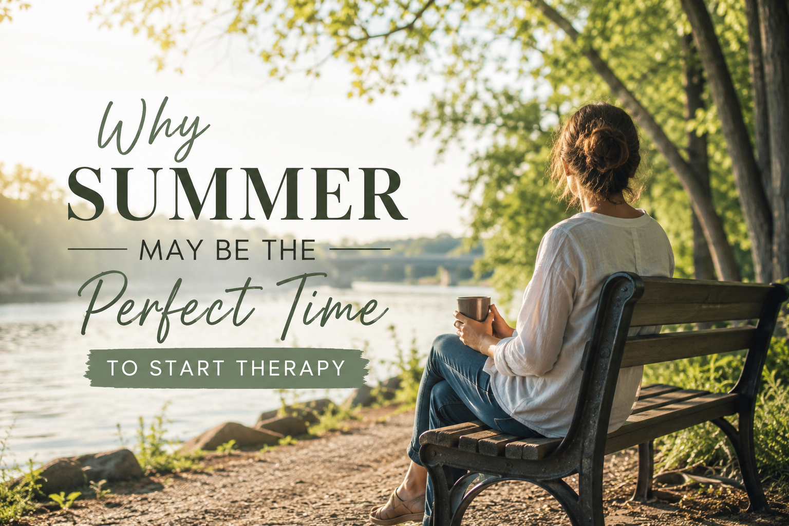 Woman enjoying a peaceful summer day by the water, symbolizing emotional wellness, self-reflection, and starting therapy.