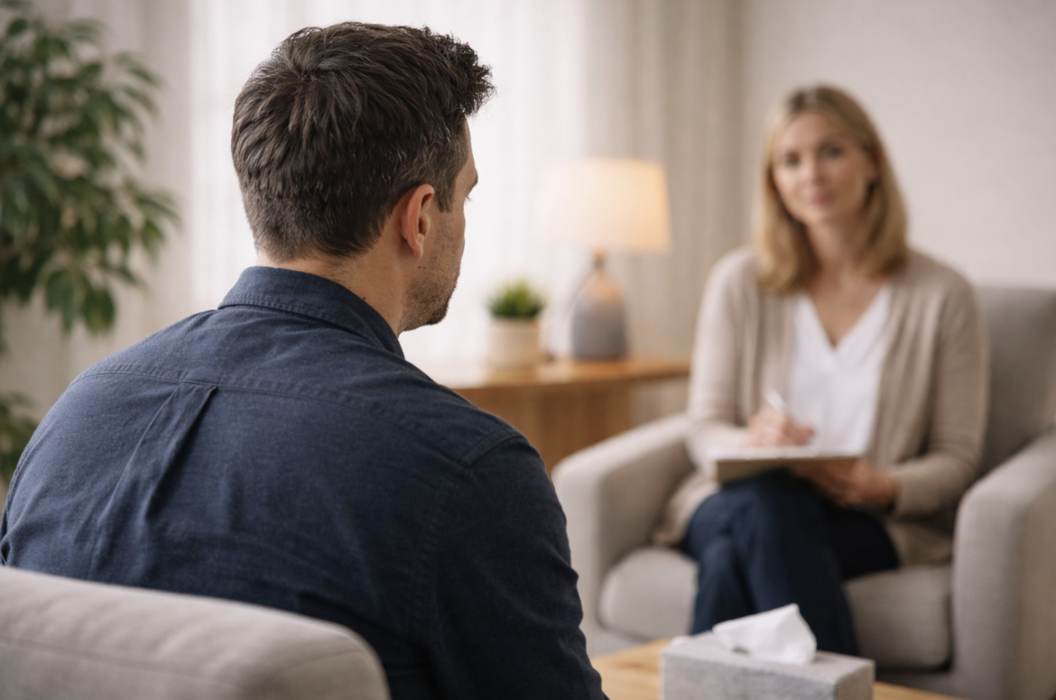 Man seated in an individual therapy session with a psychotherapist in a calm, neutral setting.
