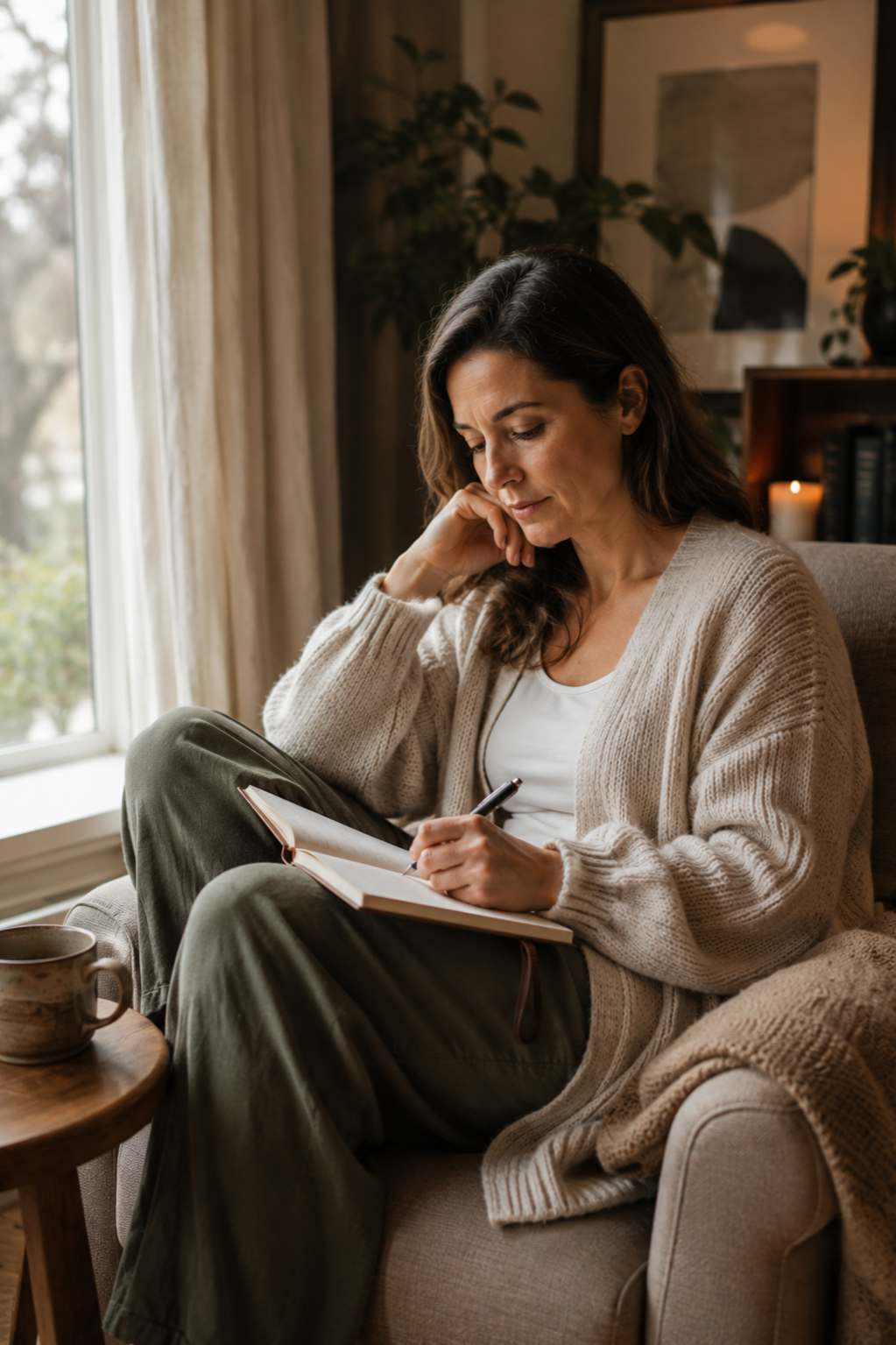 A woman sitting on a beige couch near a window, writing in a notebook with a pen, in a cozy room with a bookshelf, a lit candle, and artwork on the wall.