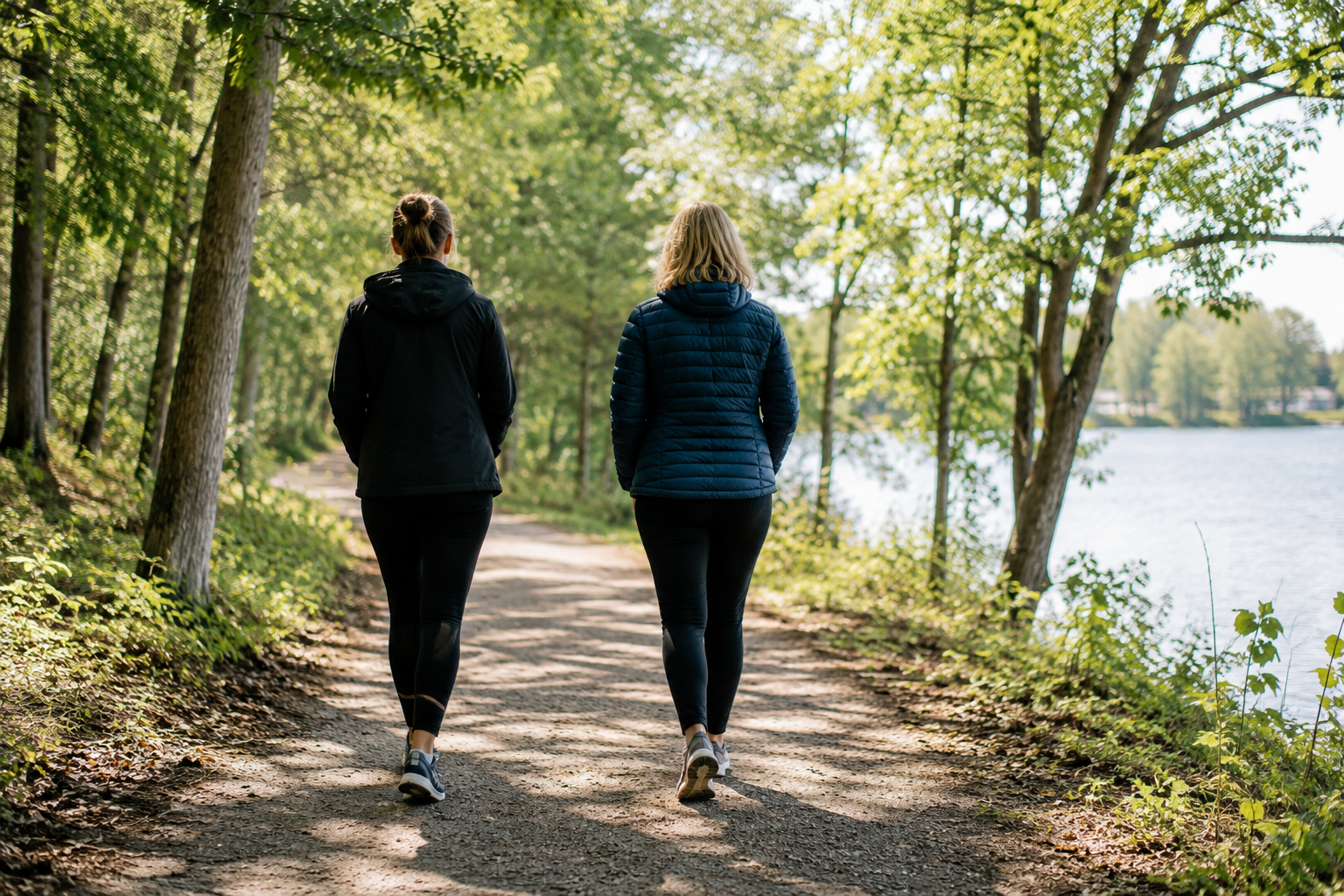 Two people walking side by side along a peaceful tree-lined trail, illustrating the relaxed and conversational nature of Walk & Talk Therapy.
