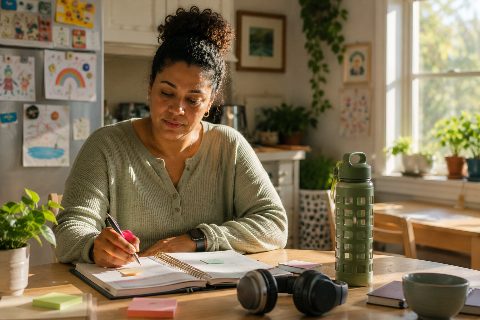 Neurodivergent mother using a planner and organizational supports in a bright kitchen, representing executive functioning, sensory regulation, self-advocacy, and maternal mental health for women with ADHD and Autism.
