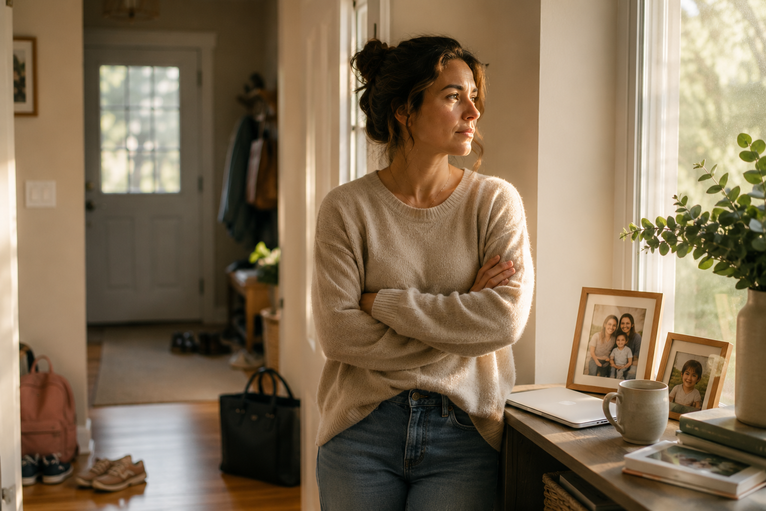 Woman standing thoughtfully in a sunlit home surrounded by subtle reminders of work, family, and caregiving responsibilities, representing maternal identity shifts and emotional wellbeing.