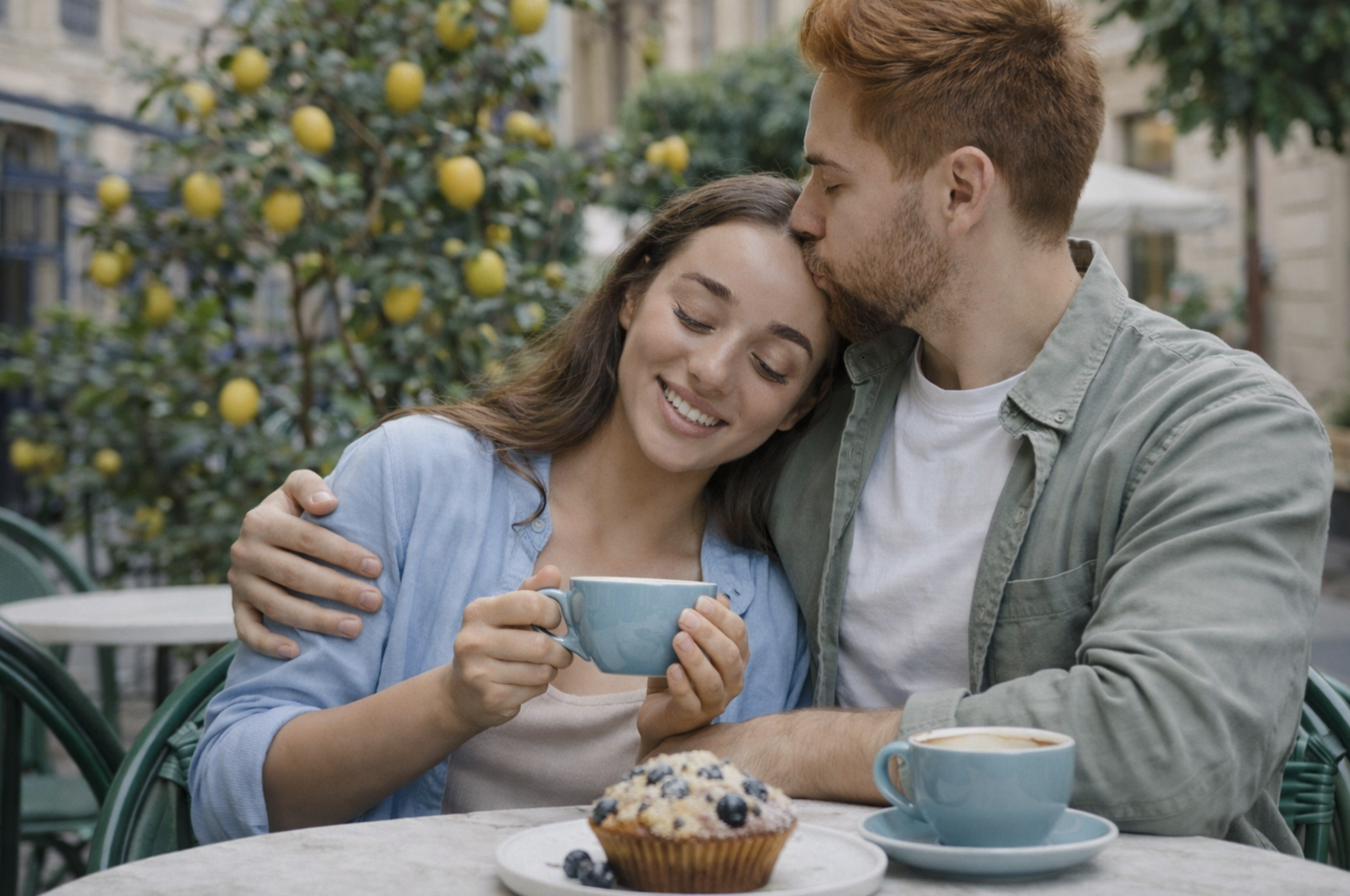 Couple sharing a close, affectionate moment over coffee representing emotional connection and relational therapy