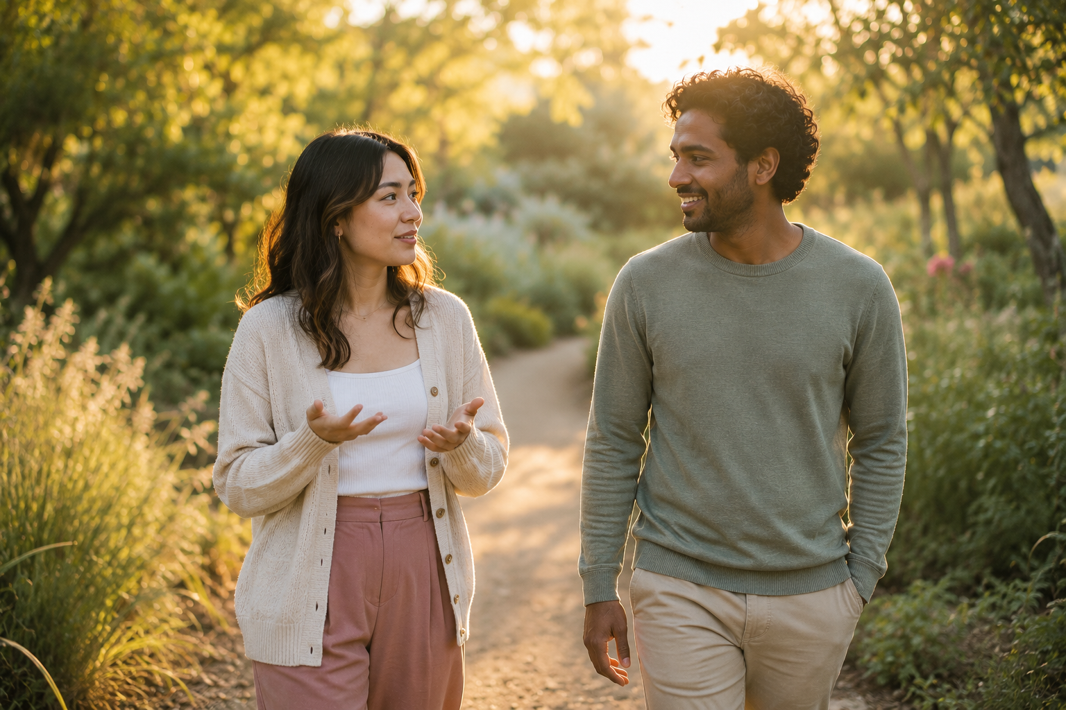 Two adults walking together on a sunlit forest trail, representing collaborative support, relational attunement, personal growth, and evidence-based ADHD and Autism therapy.