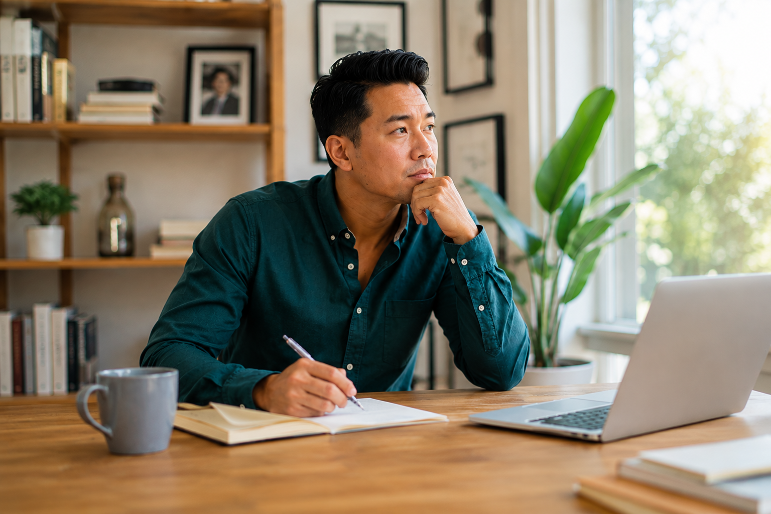 Man reflecting at his desk while considering stress and challenges affecting his well-being.