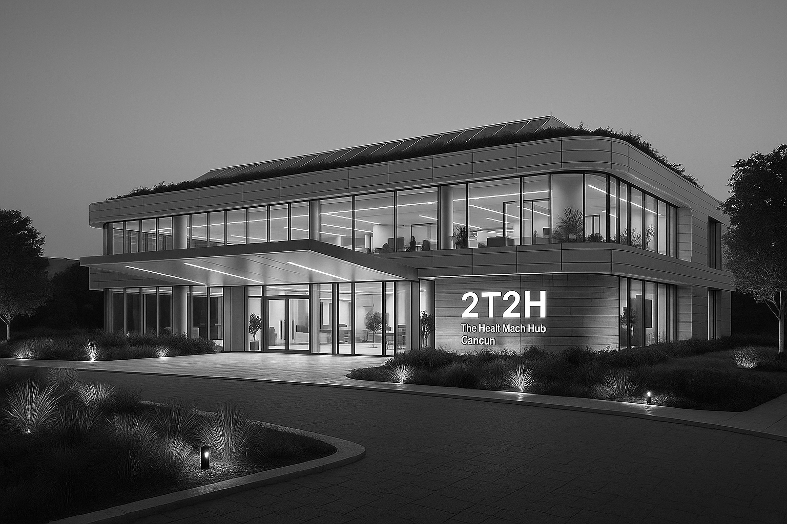Edificio moderno de varios pisos con iluminación interior, rodeado de jardines y plantas, en la noche, con cartel que dice 2T2H The Heal Mach Hub Cancún.