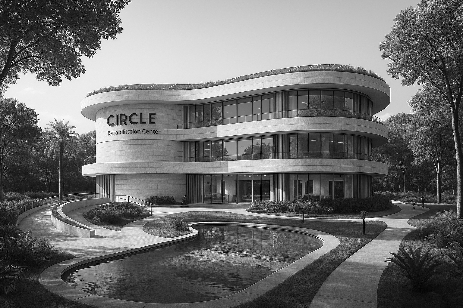Edificio moderno y curvilíneo con letrero que dice 'CIRCLE Rehabilitación Center', rodeado de jardines y un estanque, con árboles y senderos en un entorno natural.