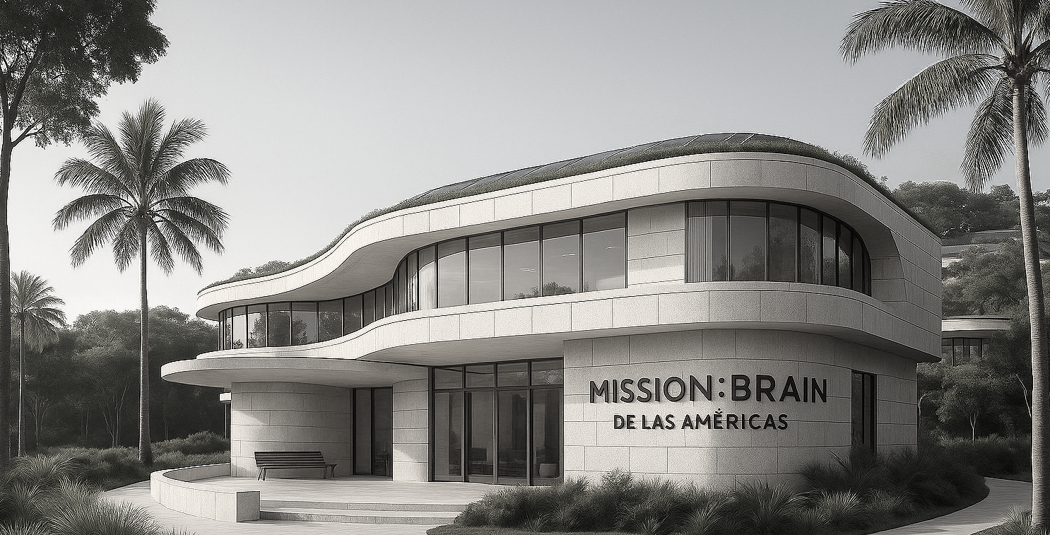 Edificio moderno con curvas, ventanas grandes y carteles que dicen 'MISSION: BRAIN DE LAS AMÉRICAS', rodeado de palmeras y vegetación en un ambiente luminoso.