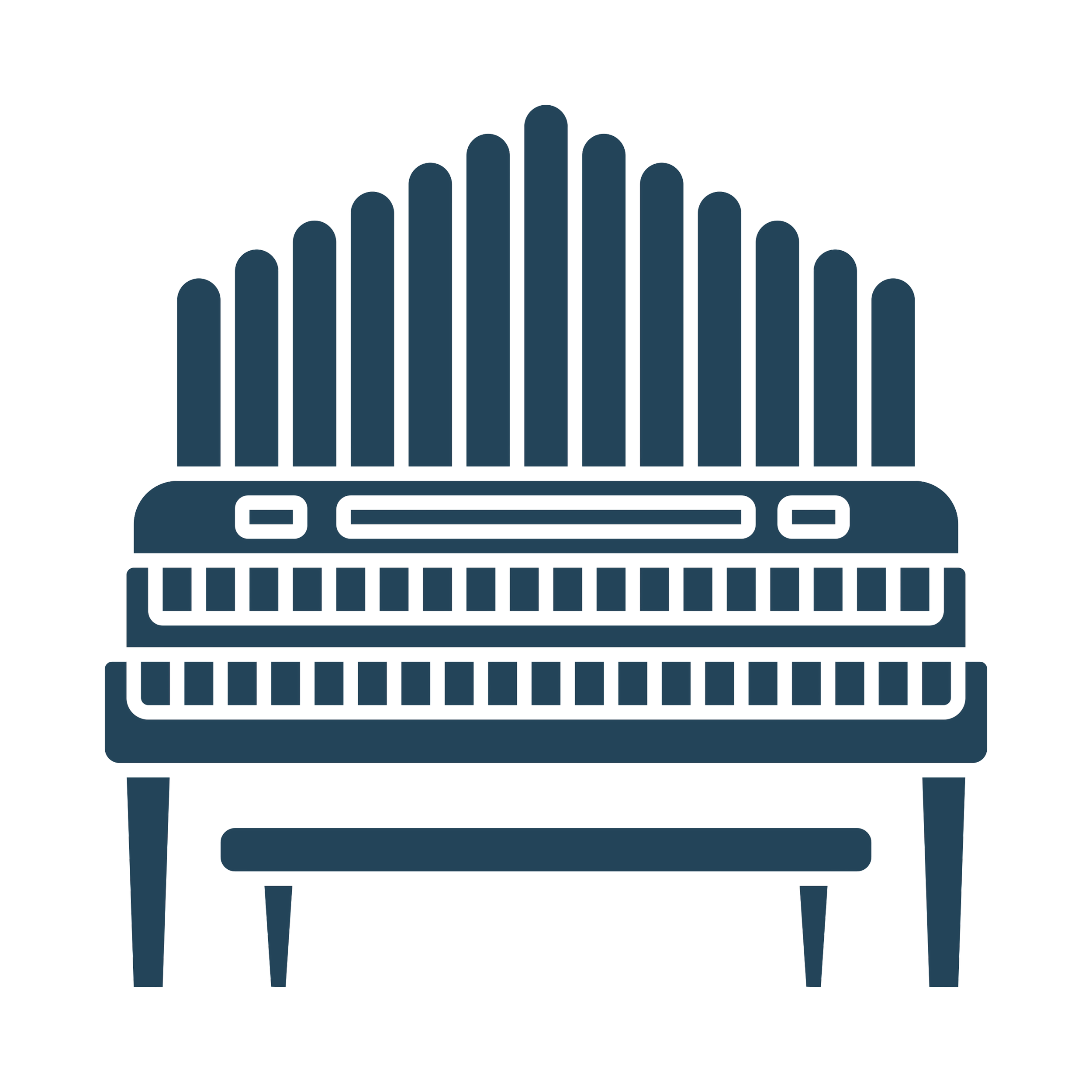 A stylized line drawing of a vintage pipe organ with vertical pipes on top.