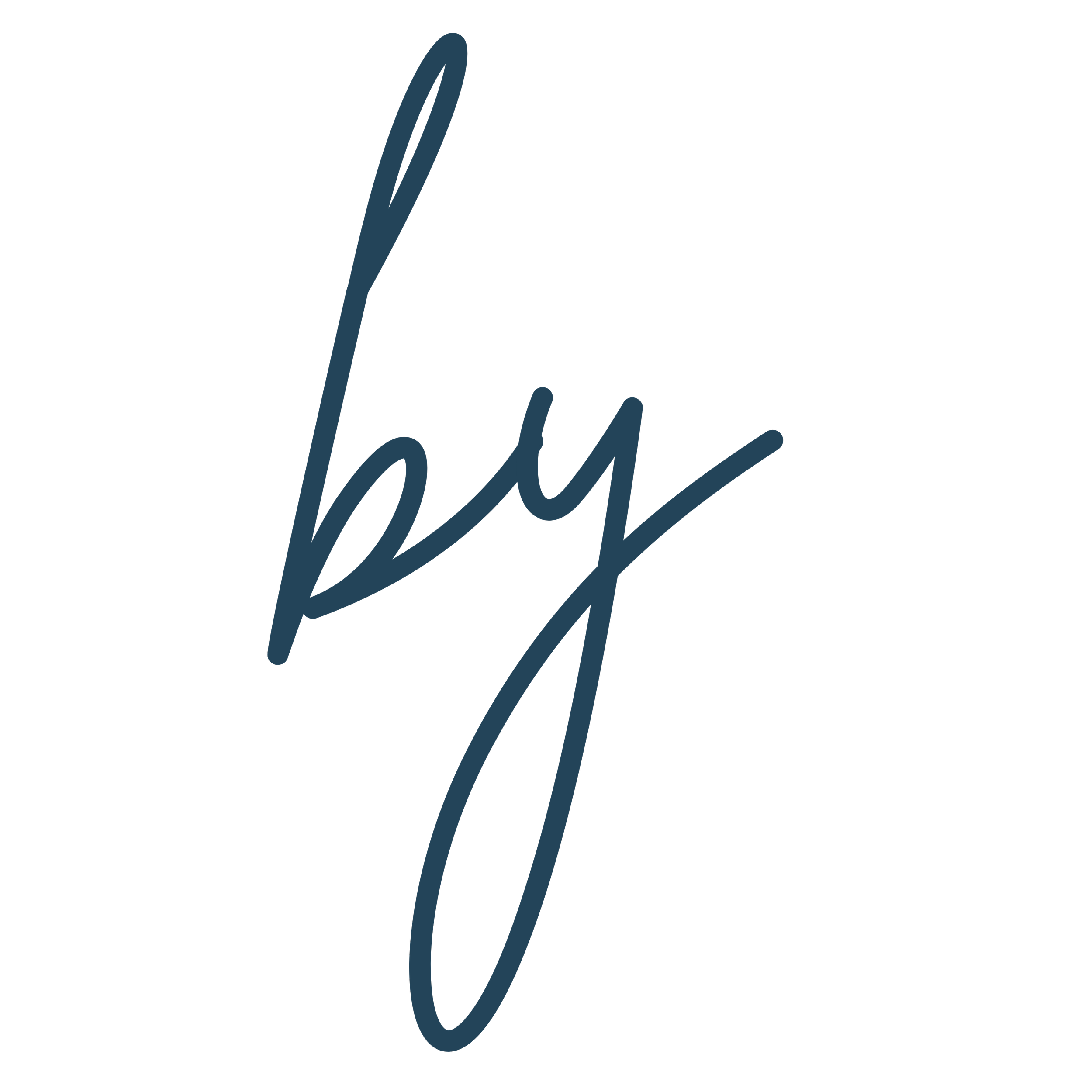 Black elegant cursive text that reads, "by"