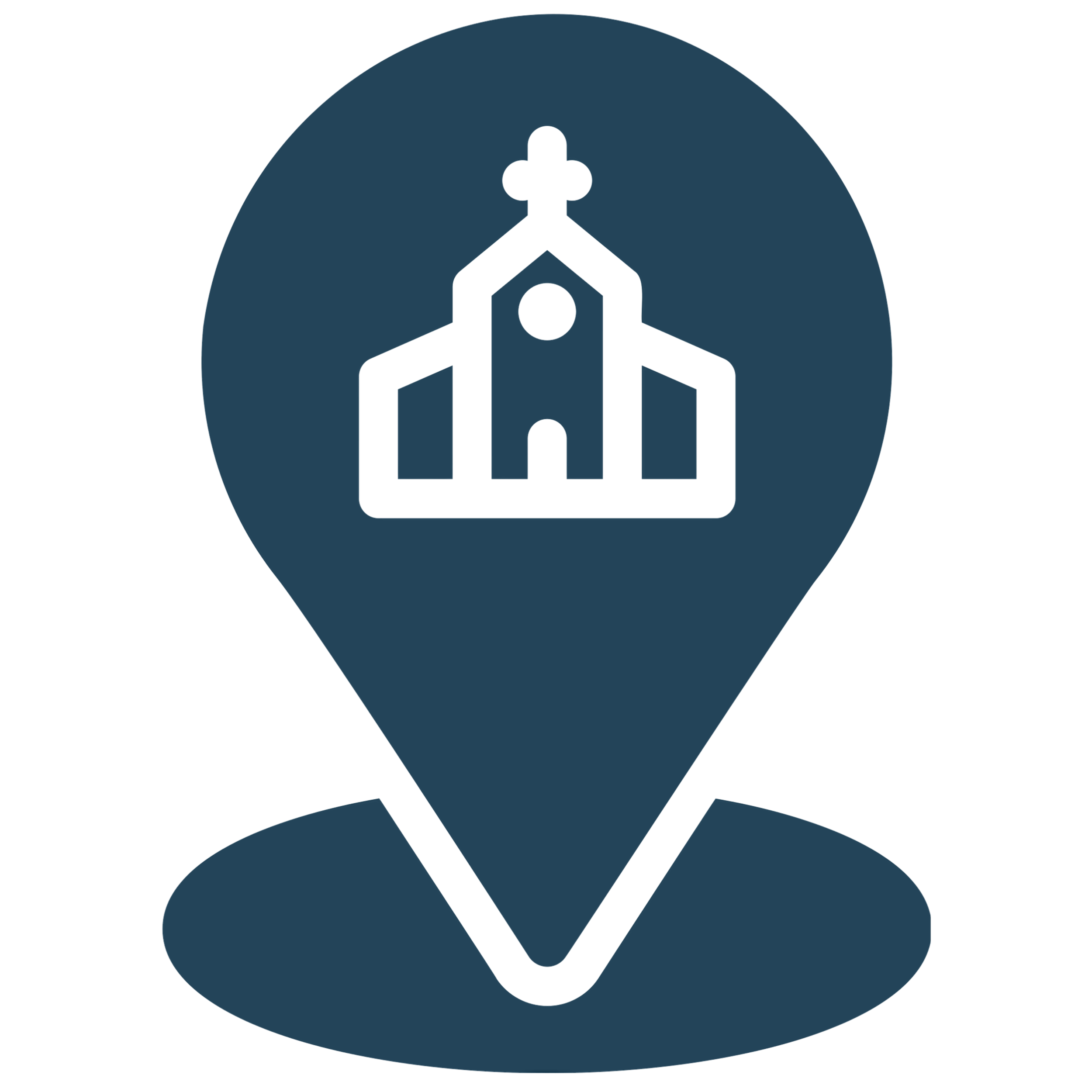 Icon of a church steeple on a dark blue circular background.