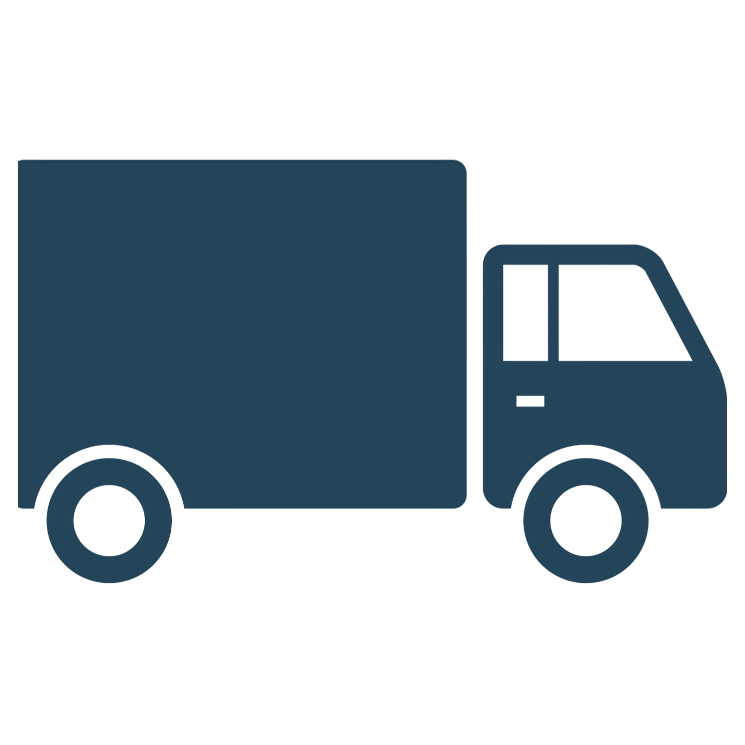 A simple graphic illustration of a moving truck with a dark blue cab, trailer, and wheels.