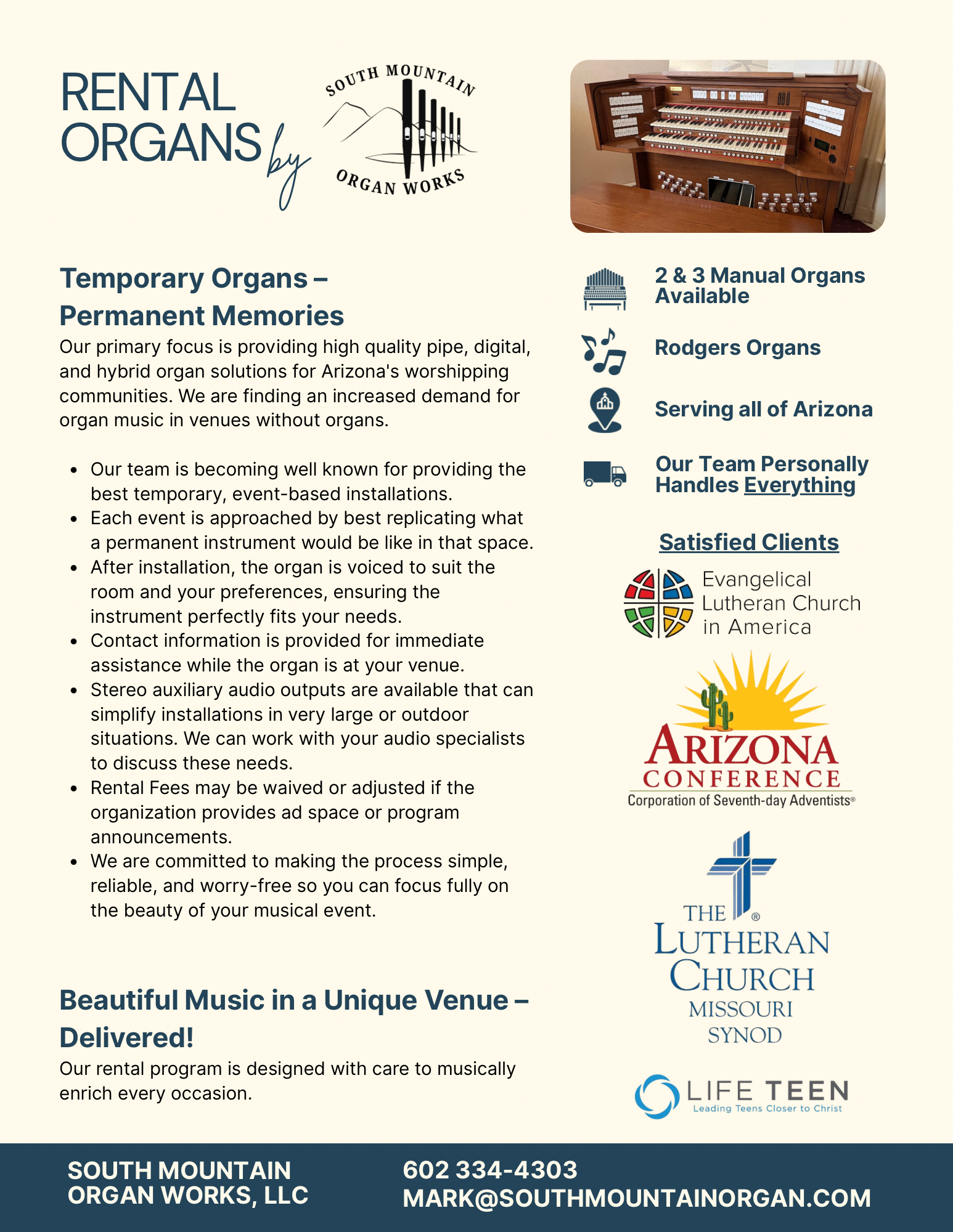 Advertisement for organ rental services showing a church pipe organ, logos of religious organizations, and contact information for South Mountain Organ Works, LLC.