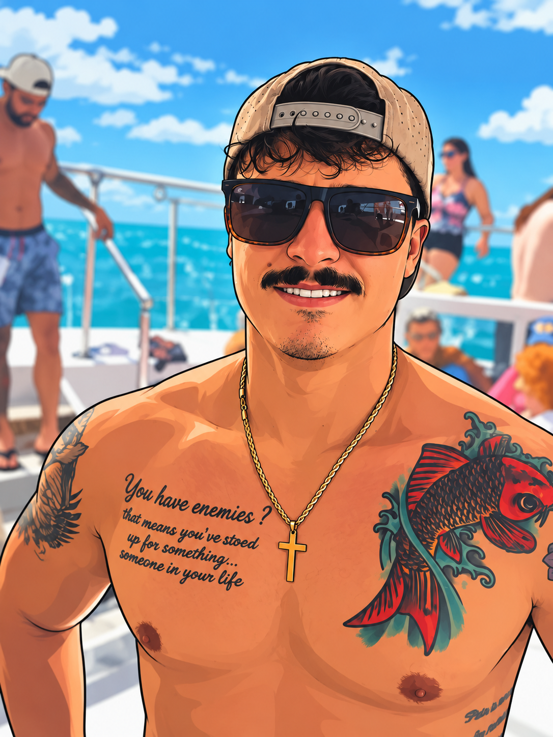 A shirtless man wearing sunglasses, a beige cap, and a gold chain with a cross, smiling on a boat on the ocean with other people in the background. He has tattoos on his chest and shoulder, including a fish and a quote.