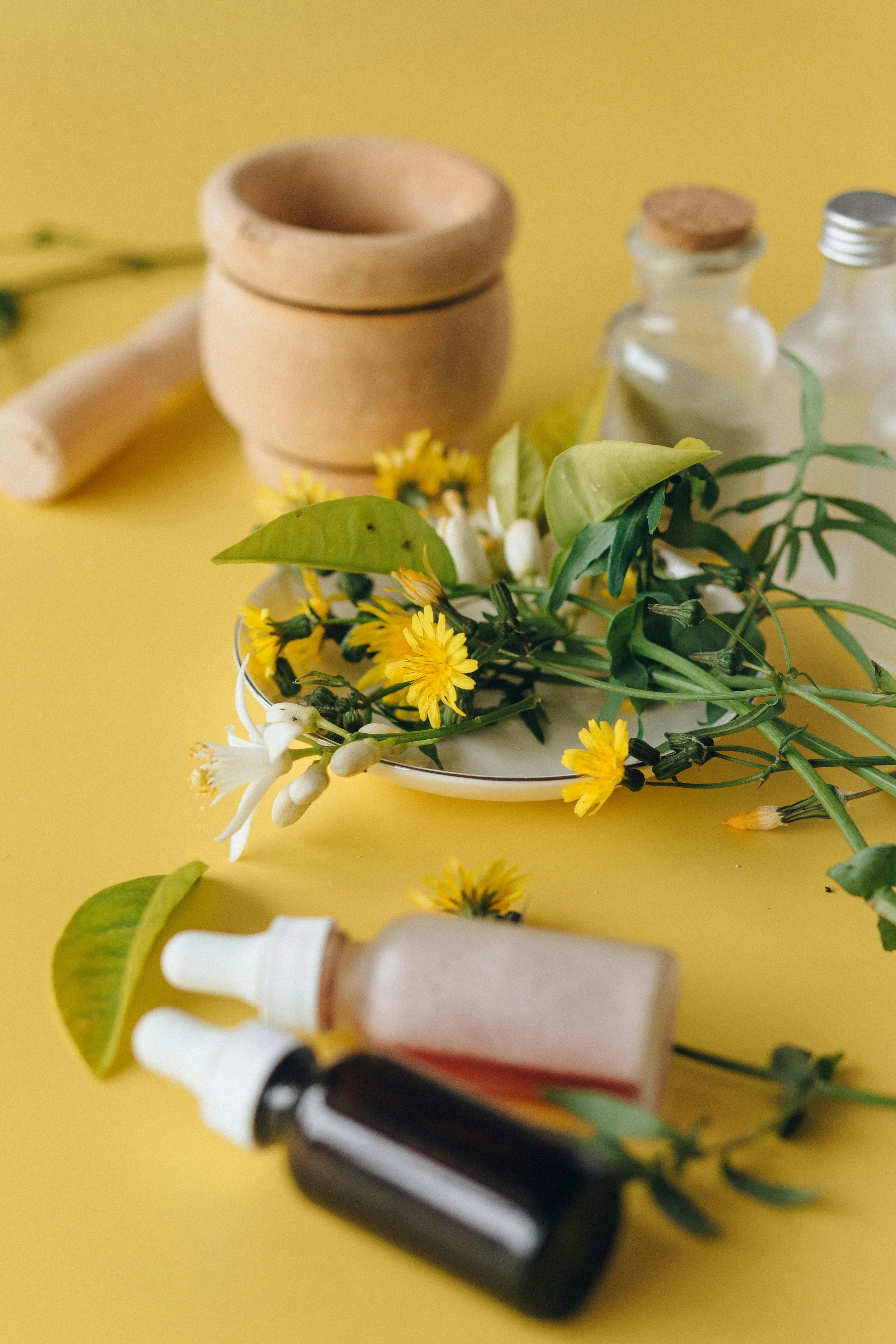 Herbal medicine bottles and naturopathic tools used in personalised functional health treatment plans.