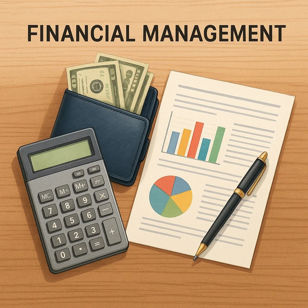 Financial documents with charts and graphs, a calculator, a pen, and cash in a wallet on a wooden surface.