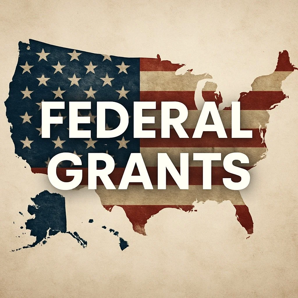 Map of the United States with an American flag pattern and the words 'Federal Grants' written across it.