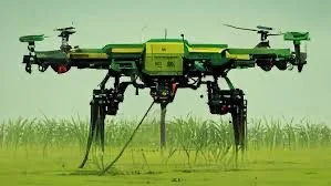 Unmanned agricultural drone flying over a grassy field.