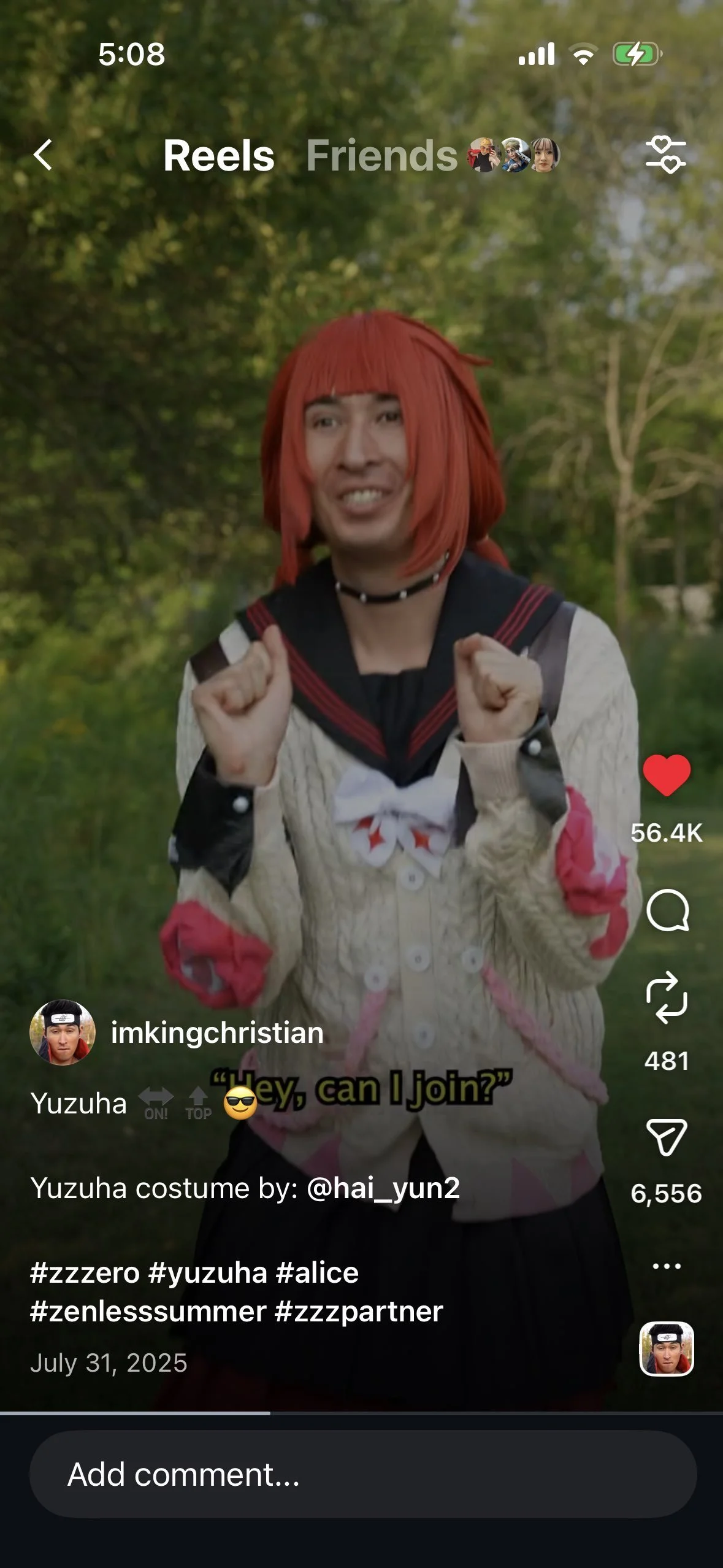 A person dressed in a Yuzuha costume with red hair, a cream-colored sweater with pink accents, a sailor-style collar, and a black choker, standing outdoors with a green, wooded background.