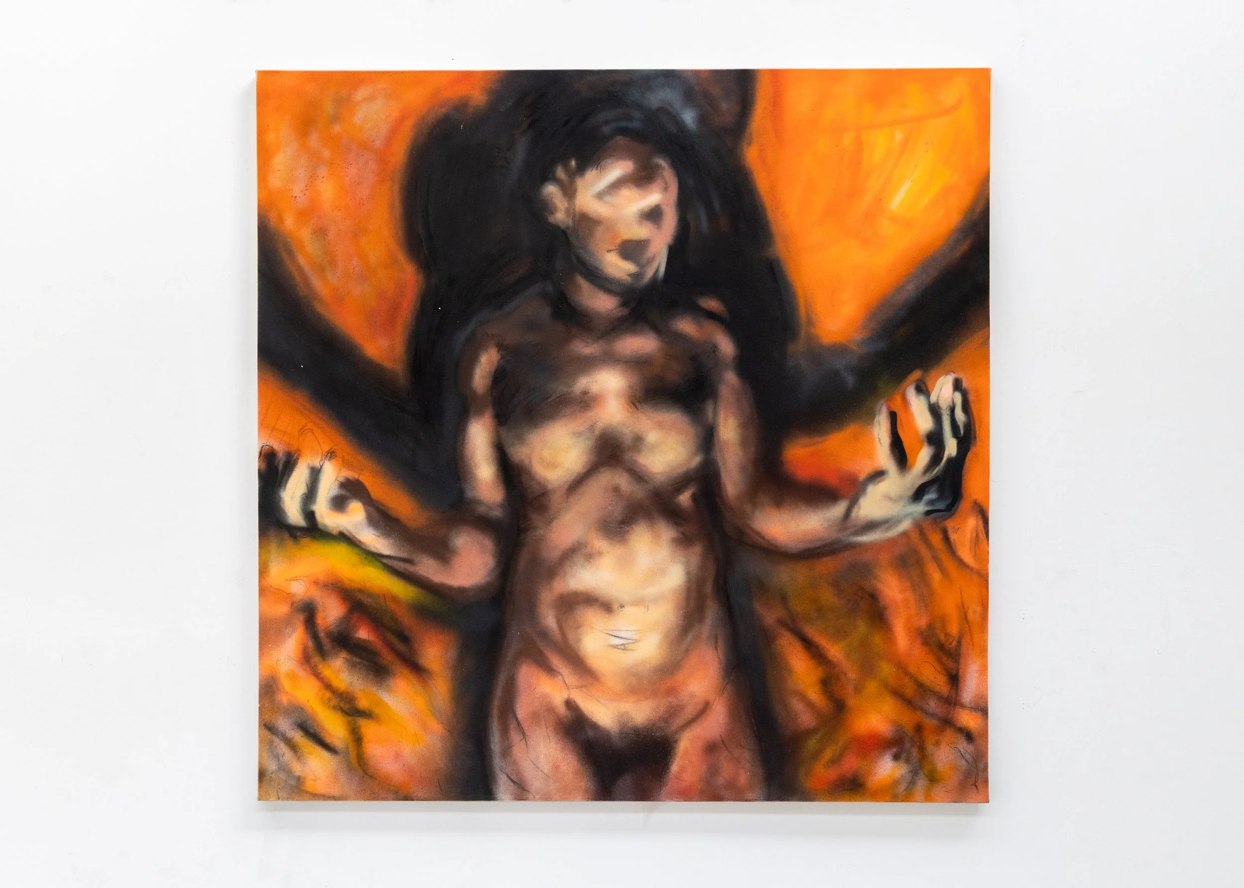 "it's dark + hell is hot". 2025. Spray paint on canvas. 150 x 150 cm.