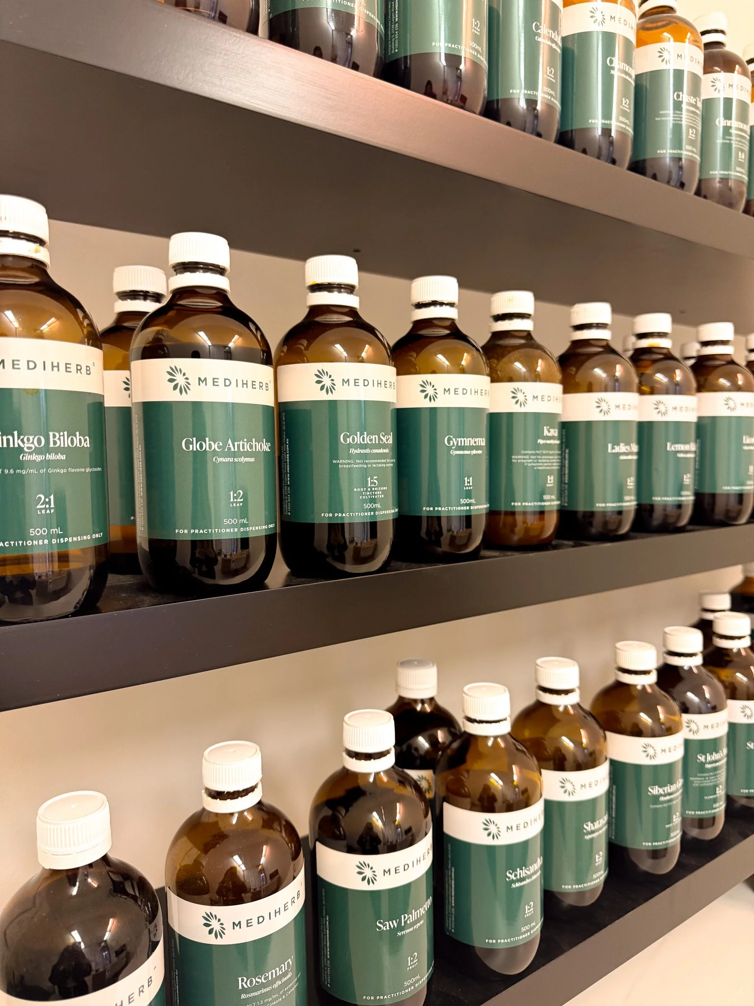 Bottles of herbal medicine on shelves, labeled with various names like Globe Artichoke, Golden Seal, Gynema, Rosemary, Saw Palmetto, and others.
