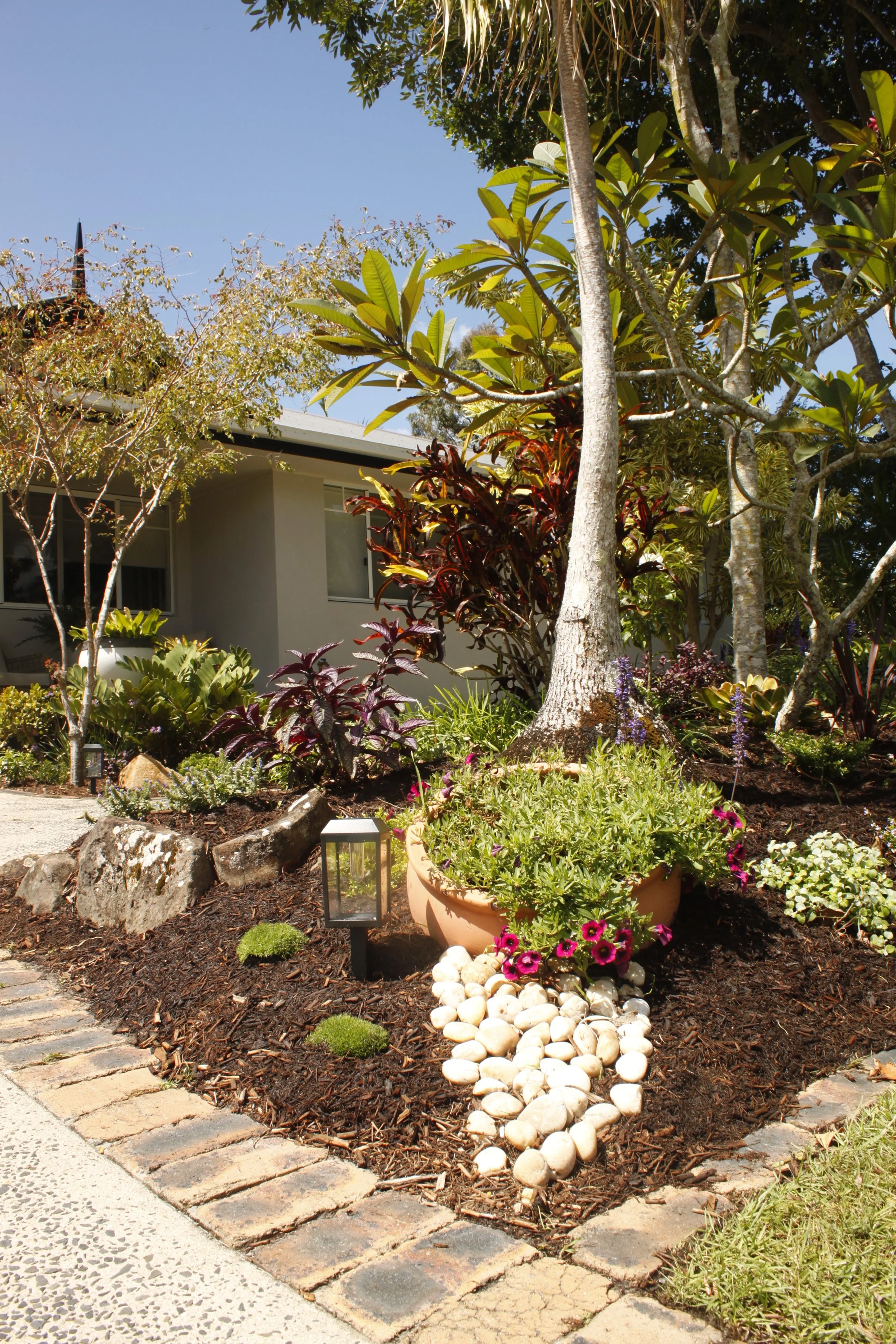 Garden with flowering plants, trees, and a lamp post in front of a house with gray walls and white windows.