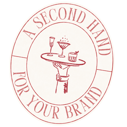A hand holding a tray with three drink glasses, surrounded by the text "A SECOND HAND FOR YOUR BRAND."