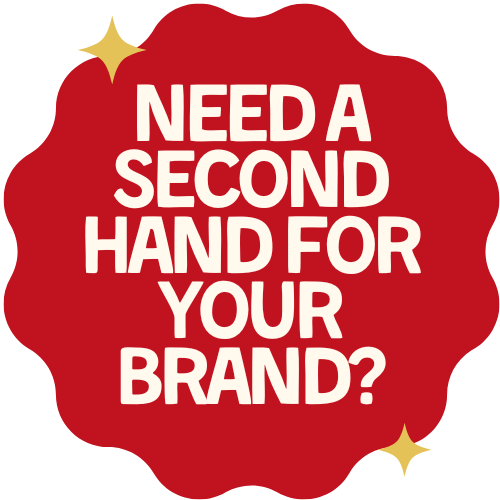 Red speech bubble with white text asking, 'Need a second hand for your brand?'