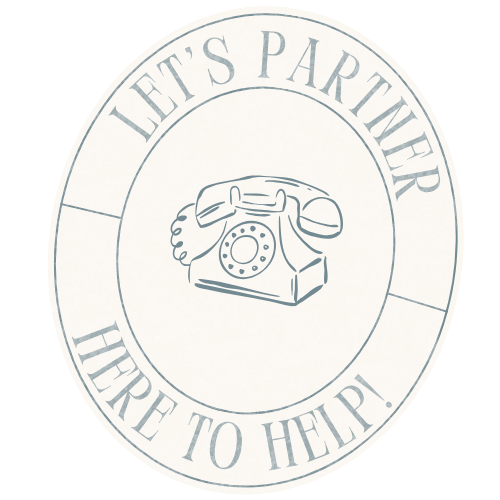 A logo with an illustration of a vintage rotary phone in the center. Surrounding the phone are the words "Let's Partner" at the top and "Hire to Help!" at the bottom, in a circular arrangement.