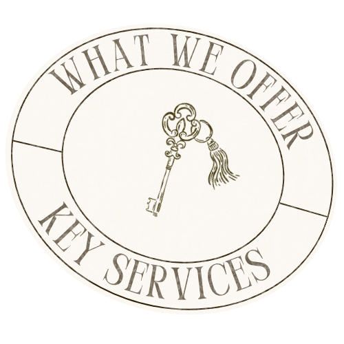 Oval sign with the text 'What We Offer Key Services' and a vintage key illustration in the center.