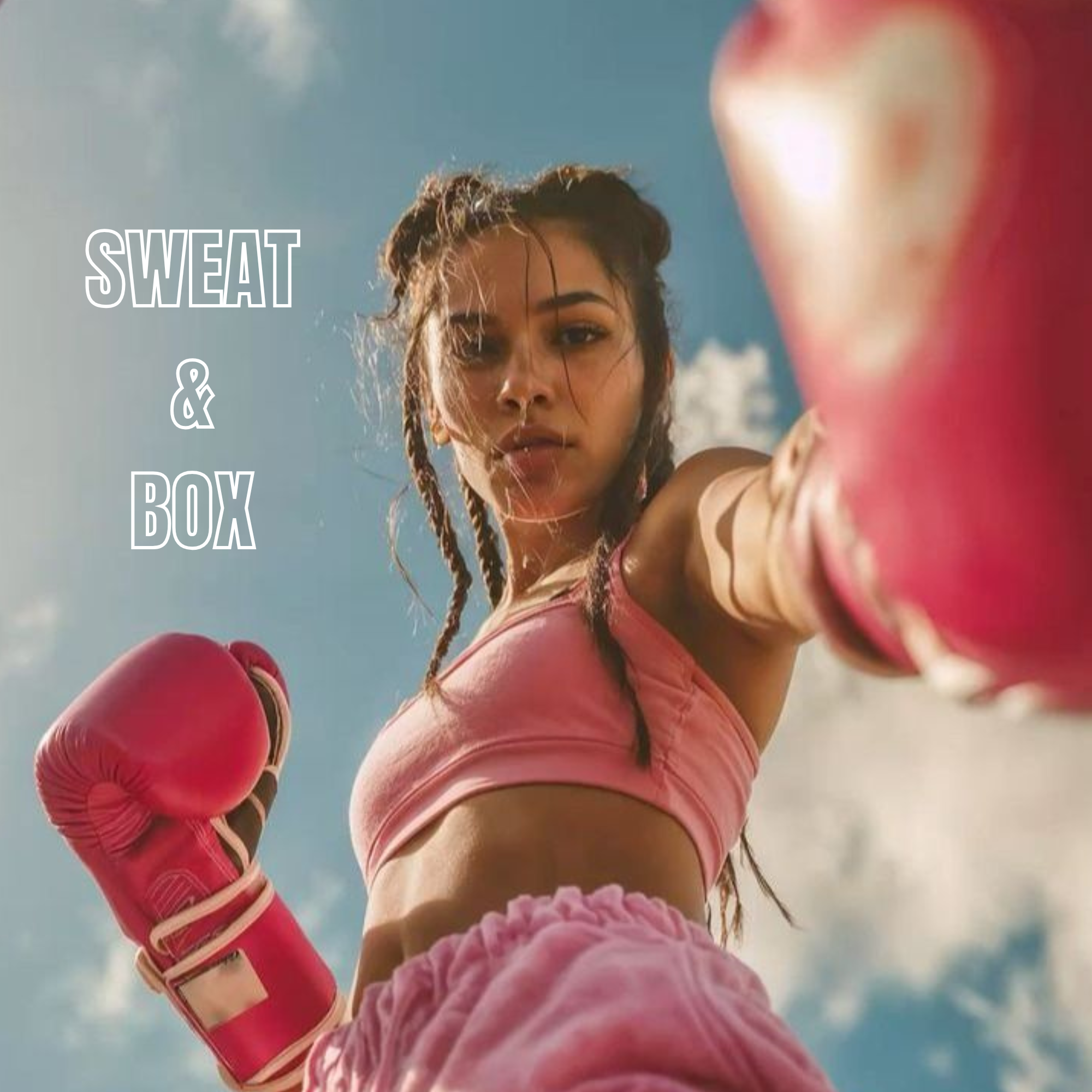 A woman in pink workout clothing is taking a selfie outdoors against a bright blue sky. She has curly hair and boxing gloves on, with her arm extended toward the camera. The photo includes the words 'SWEAT & BOX' written in white text on the left side.