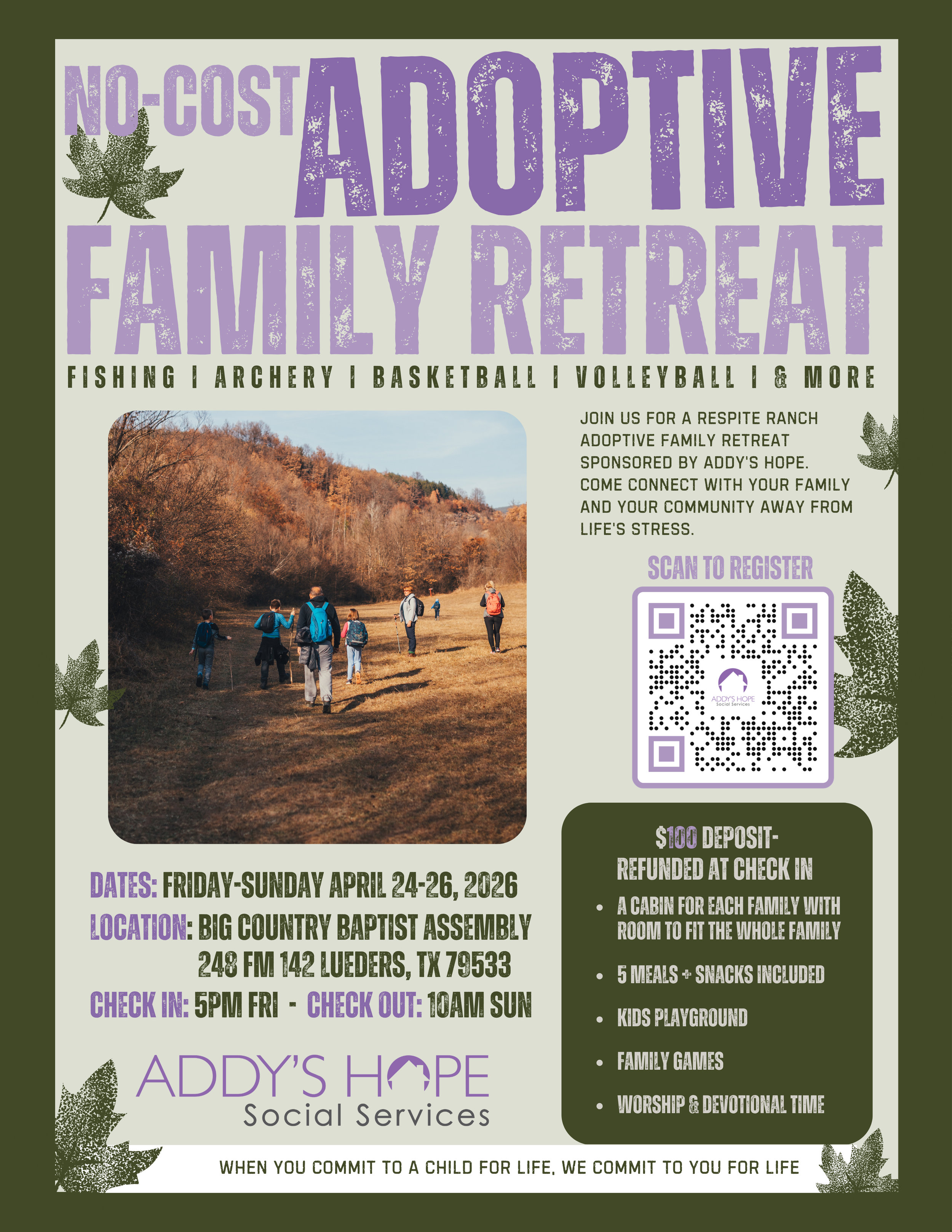 Flyer for the No-Cost Adoptive Family Retreat hosted by Addy's Hope, featuring a family hiking and details for the April 24-26, 2026, event at Big Country Baptist Assembly in Lueders, TX.