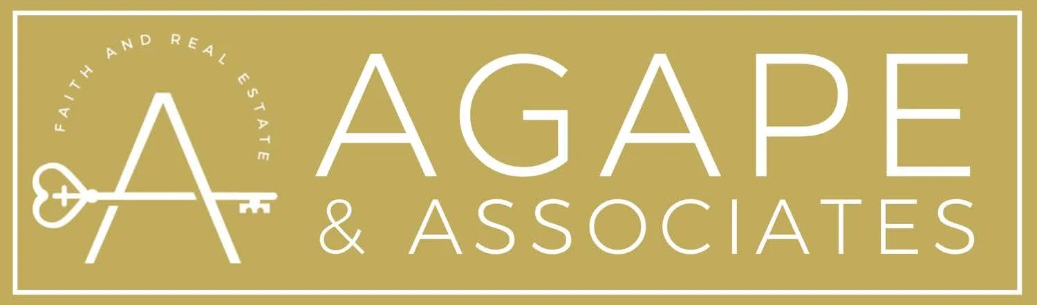 Agape & Associates, Faith and Real Estate logo, white on gold with a key-shaped A