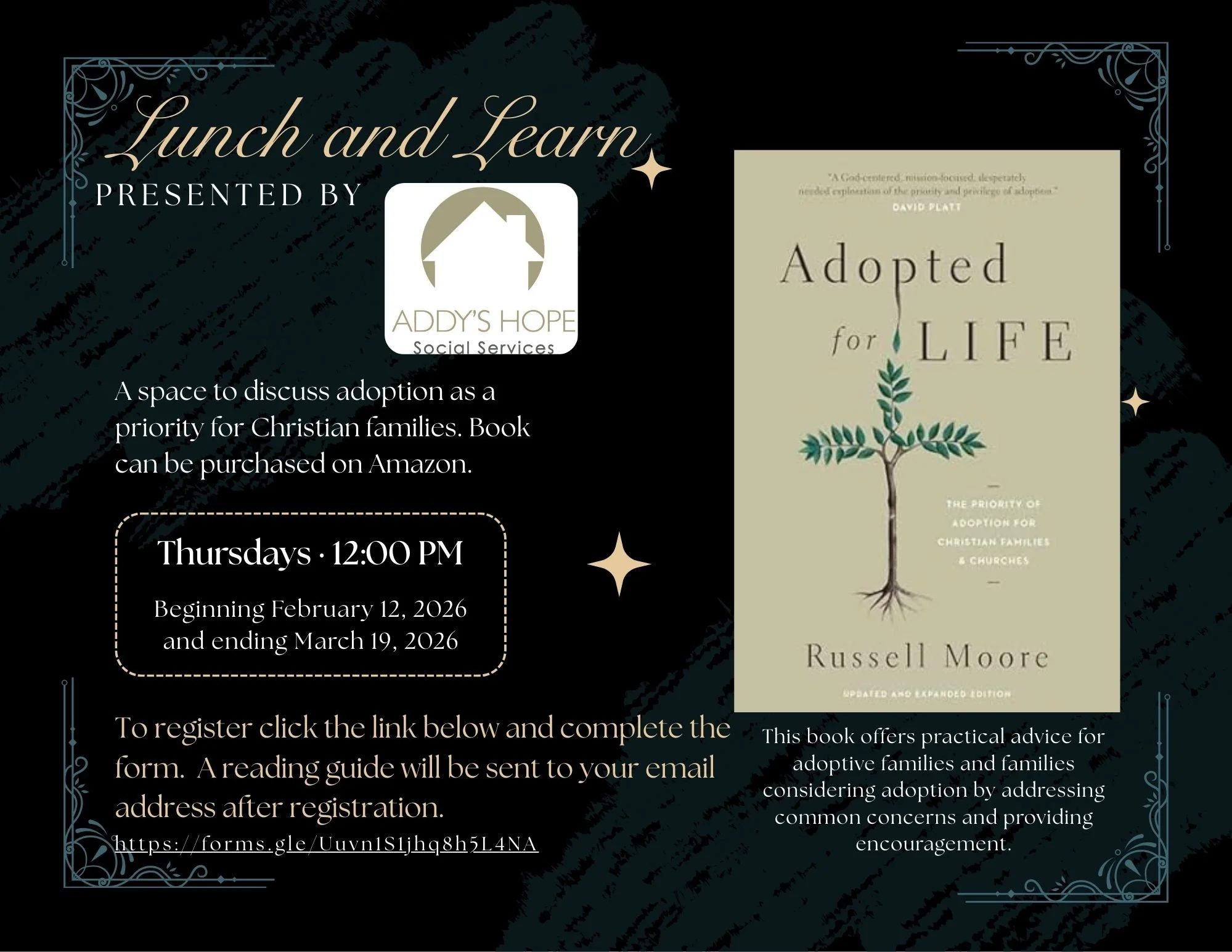 Event graphic for 2026 Lunch & Learn Series for Addy's Hope