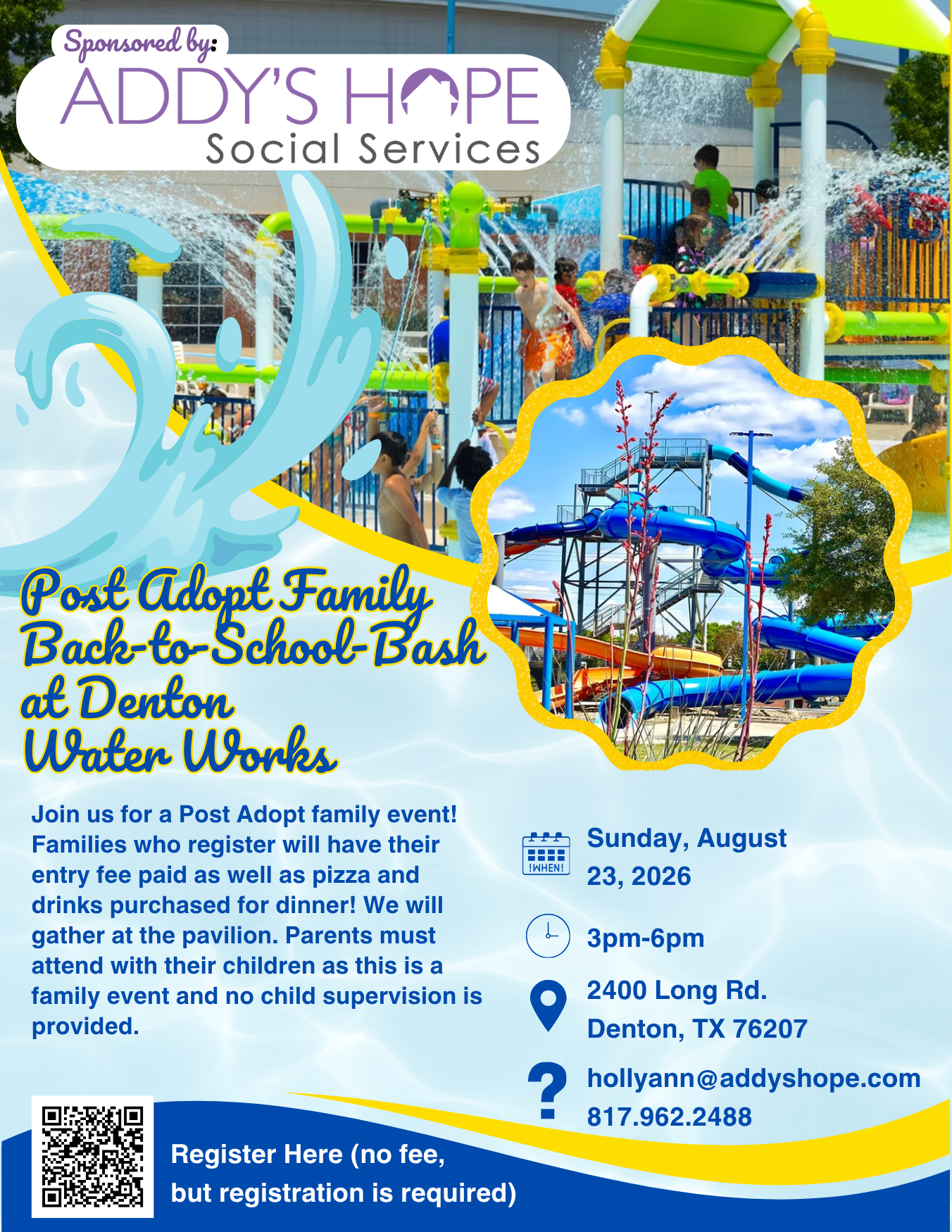 Post Adopt Family Back-to-School Bash" at Denton Water Works on Sunday, August 23, 2026, 3-6pm, featuring photos of a water park splash area and blue tube slides