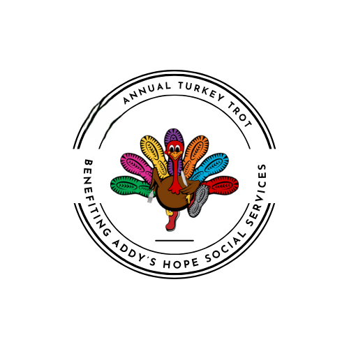 Turkey Trot logo with a running turkey whose tail feathers are colorful shoe treads, benefiting Addy's Hope Social Services