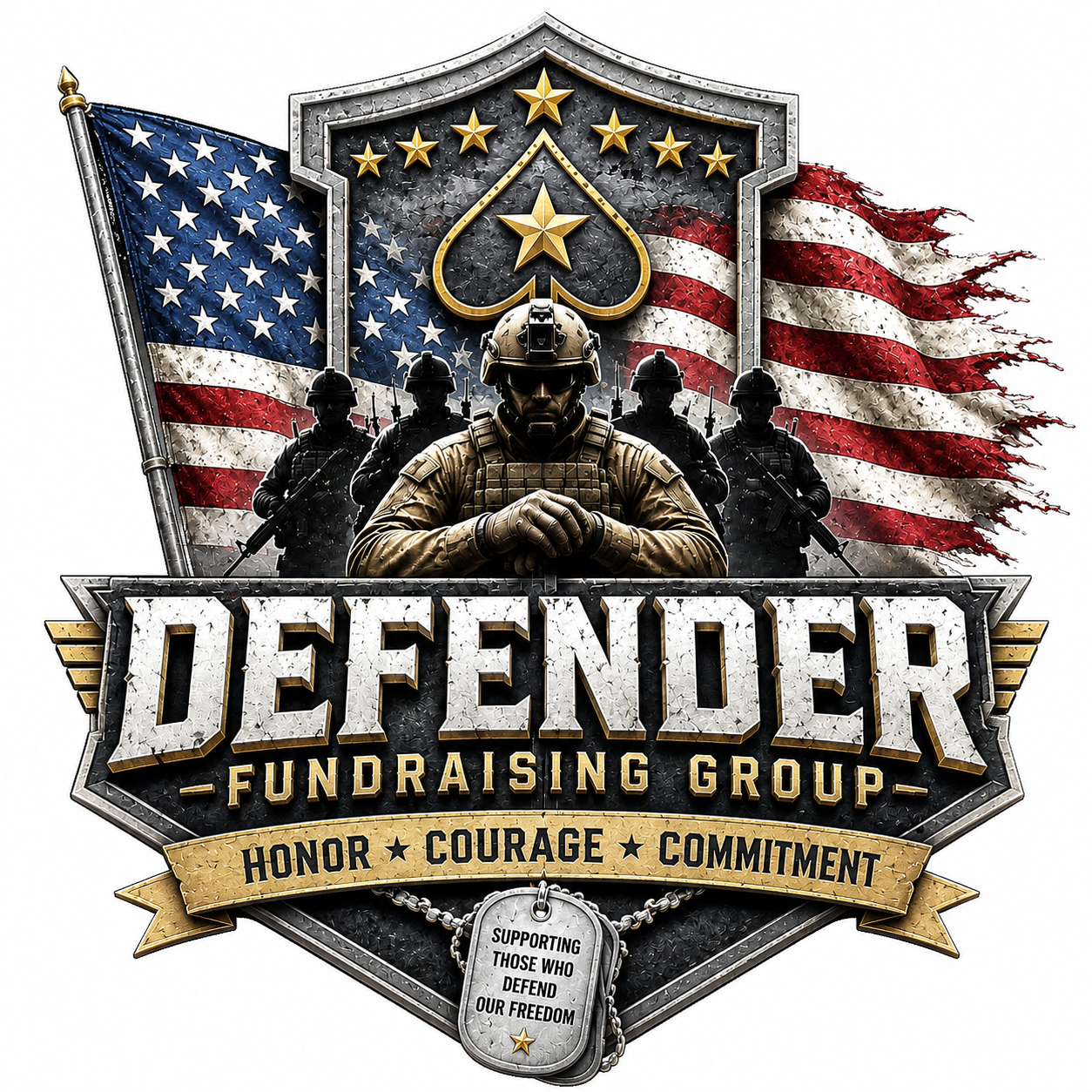 Defender Fundraising Group logo with soldiers, american flag and dog tags featured.