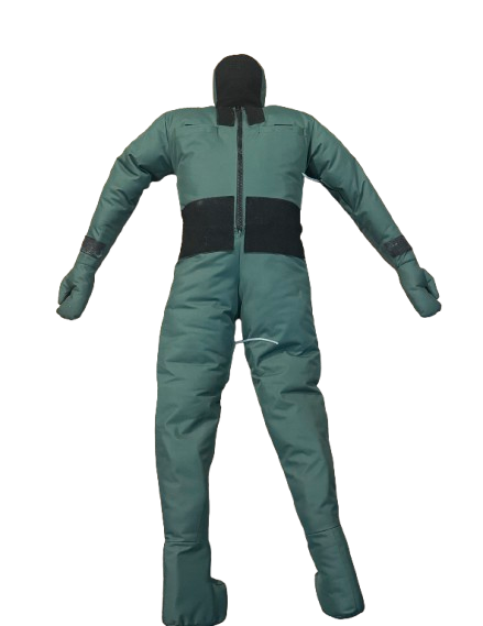 A man in a full-body green insulated survival suit with black accents, gloves, and a hood.