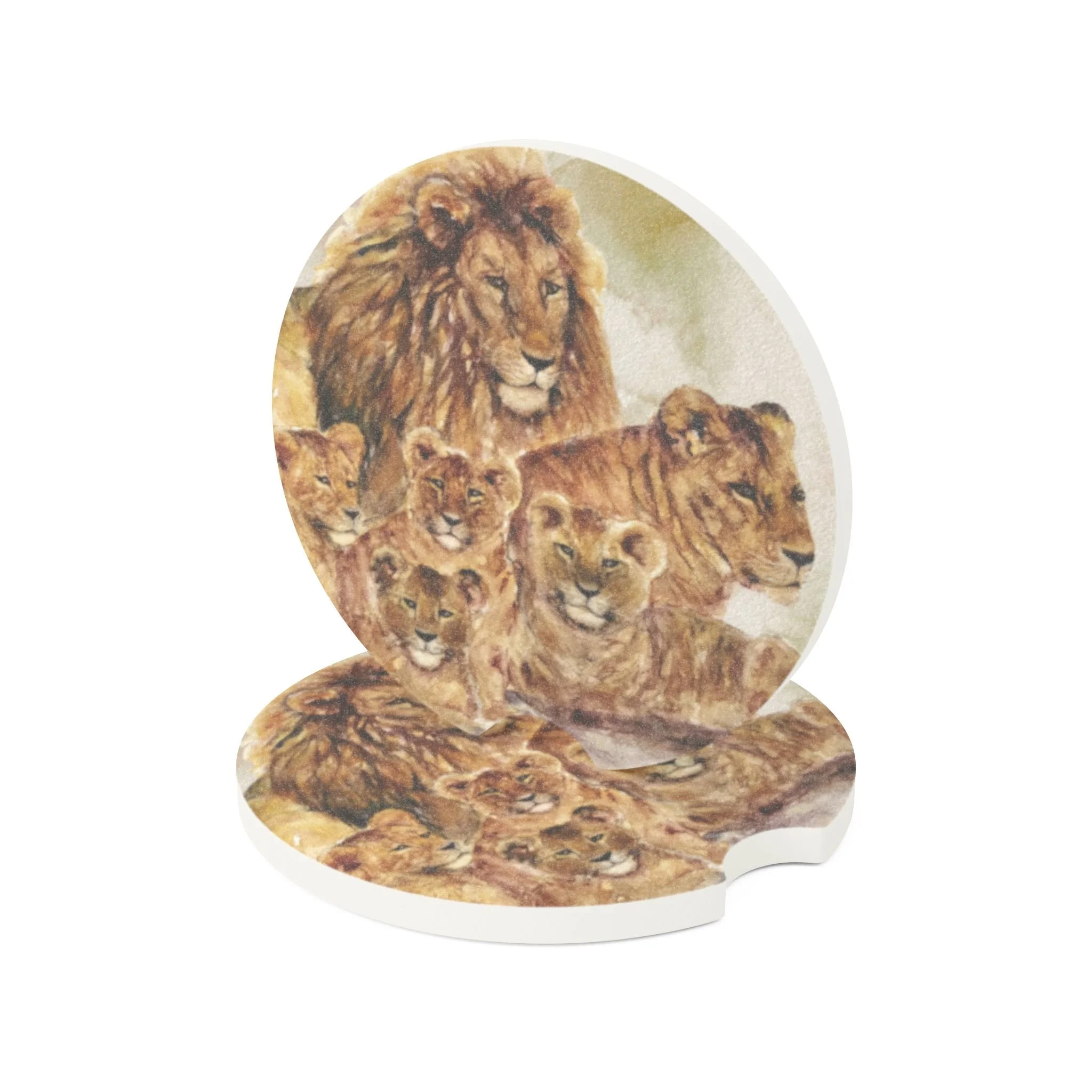 Lion Pride Car Coaster | Absorbent Soapstone Auto Accessory For Cup Holders | Watercolor Art