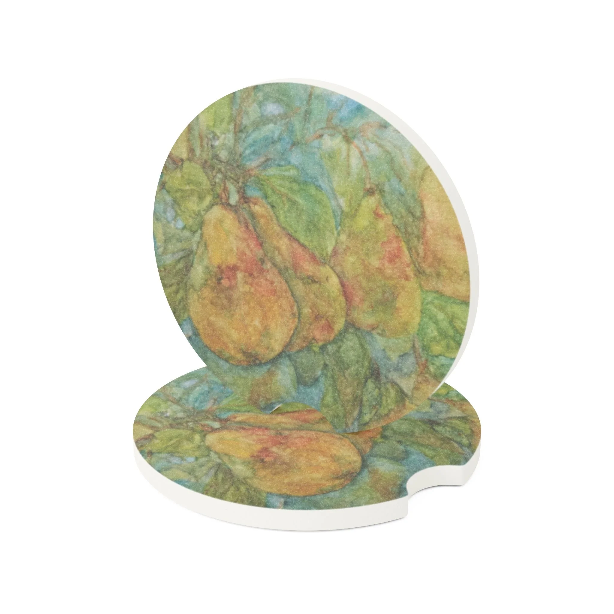 Pears Car Coaster | Absorbent Soapstone Auto Accessory For Cup Holders | Sky High Pears Watercolor Art