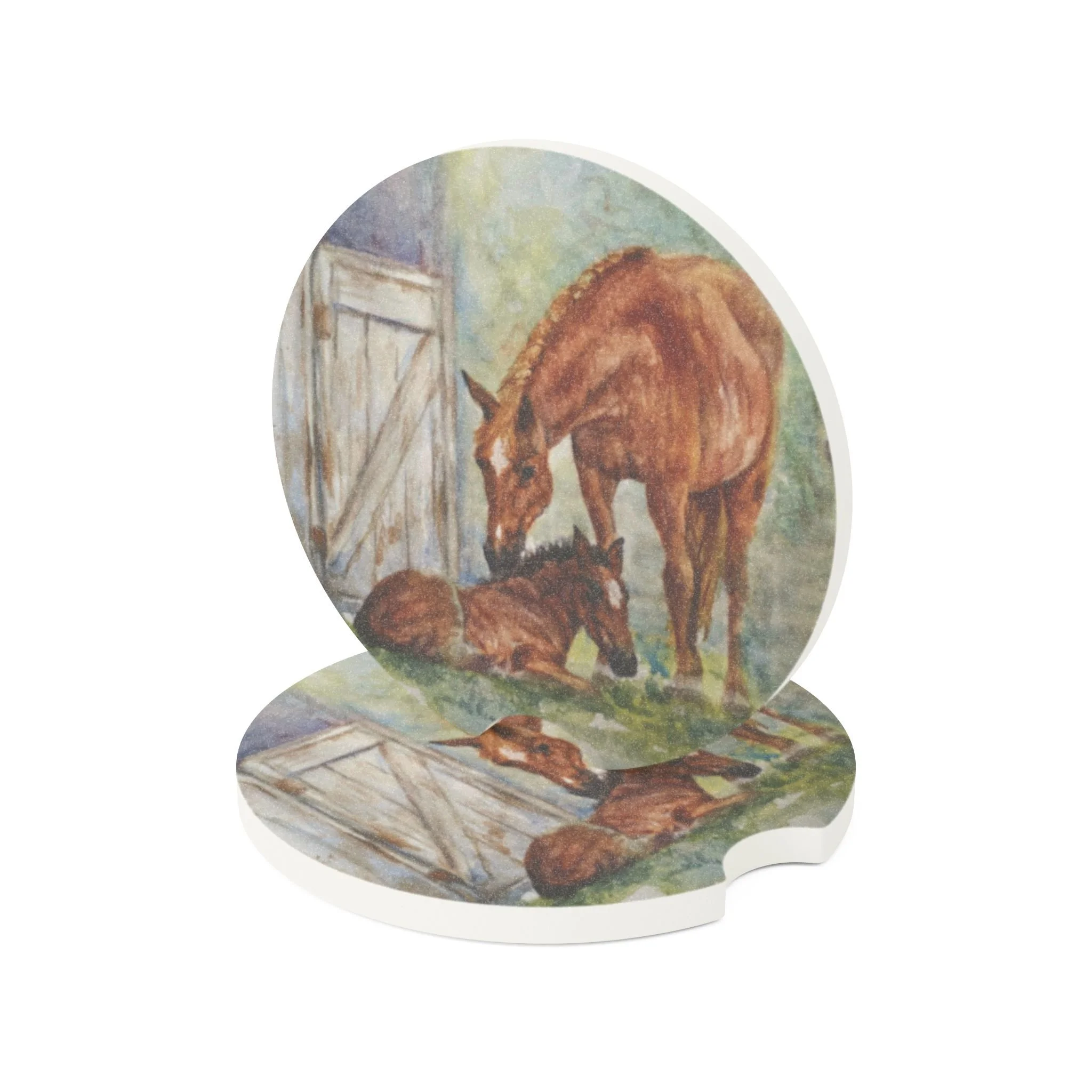 Mare and Foal Car Coaster | Absorbent Soapstone Auto Accessory For Cup Holders | Horse Watercolor Art