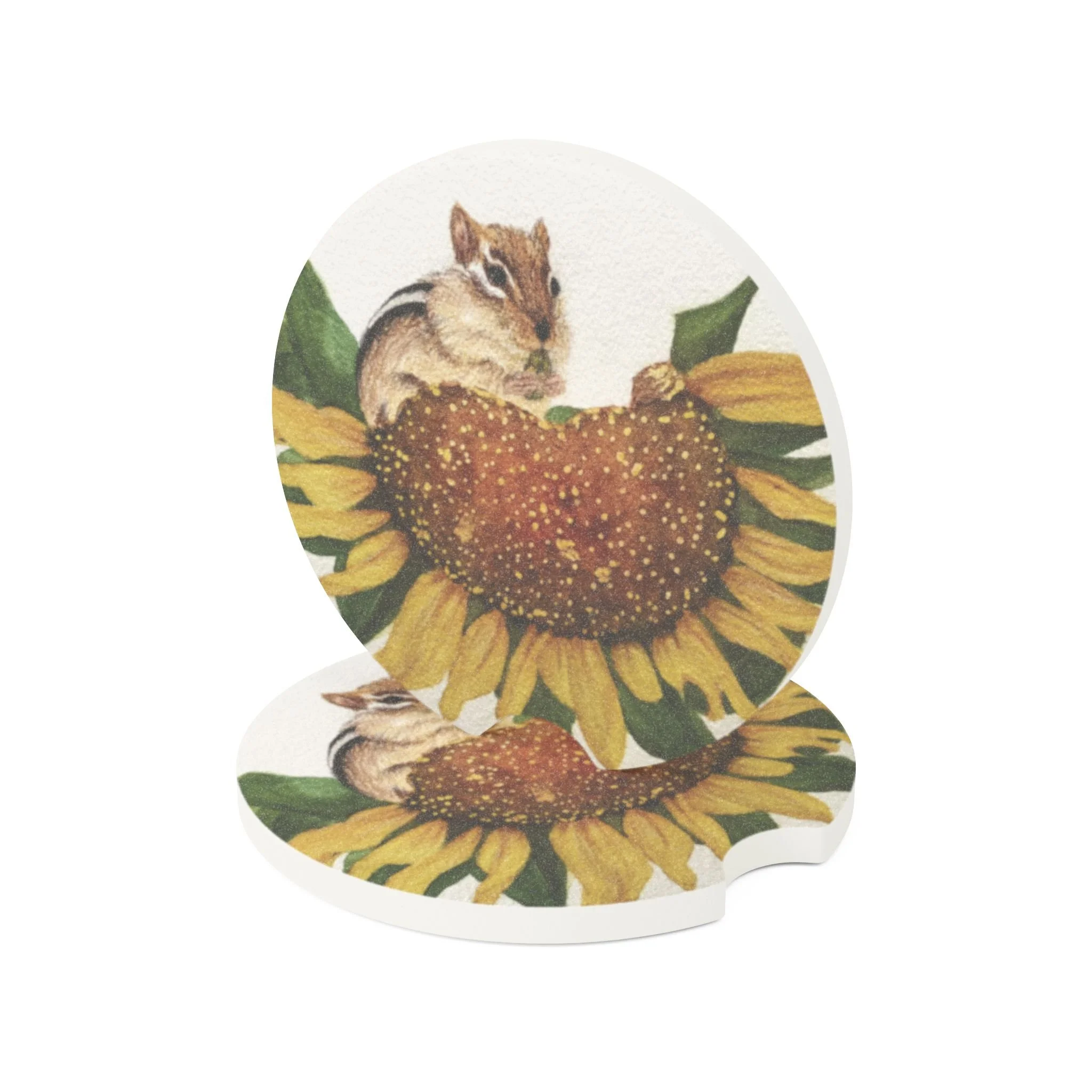 Sunflower and Chipmunk Car Coaster | Absorbent Soapstone Auto Accessory For Cup Holders | Watercolor Art