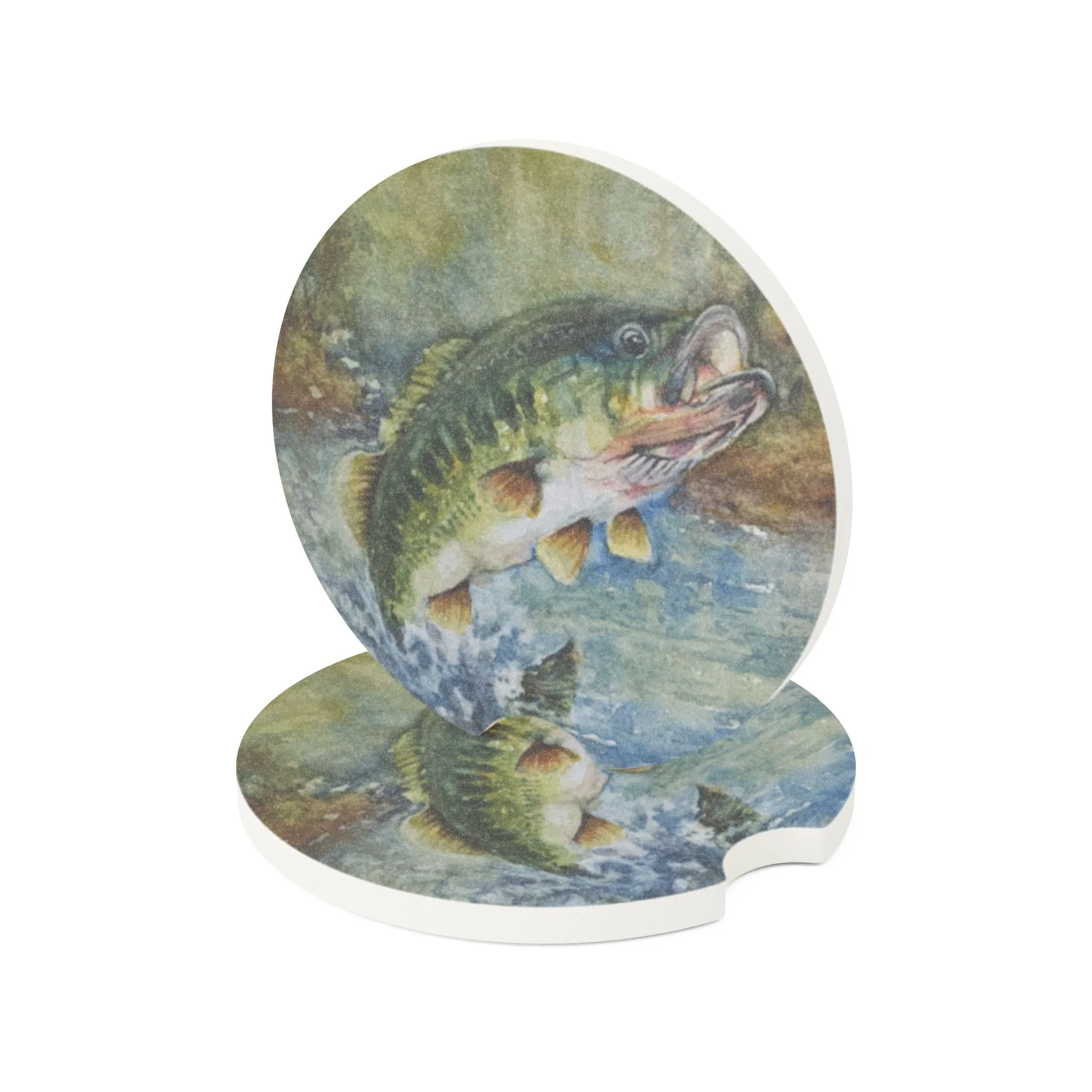 Leaping Bass Car Coaster | Absorbent Soapstone Auto Accessory For Cup Holders | Watercolor Art