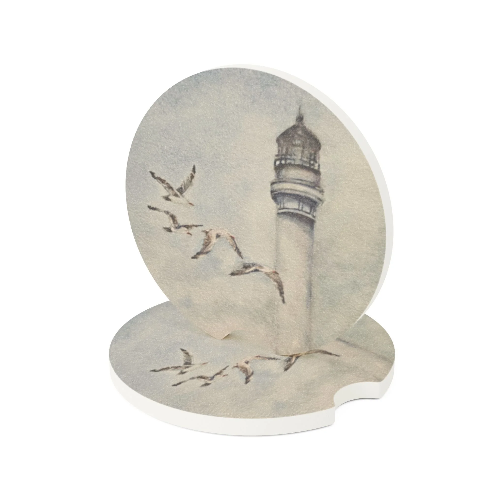 Lighthouse and Seagulls Car Coaster | Absorbent Soapstone Auto Accessory For Cup Holders | Graceful Gulls of Point Arena Watercolor Art