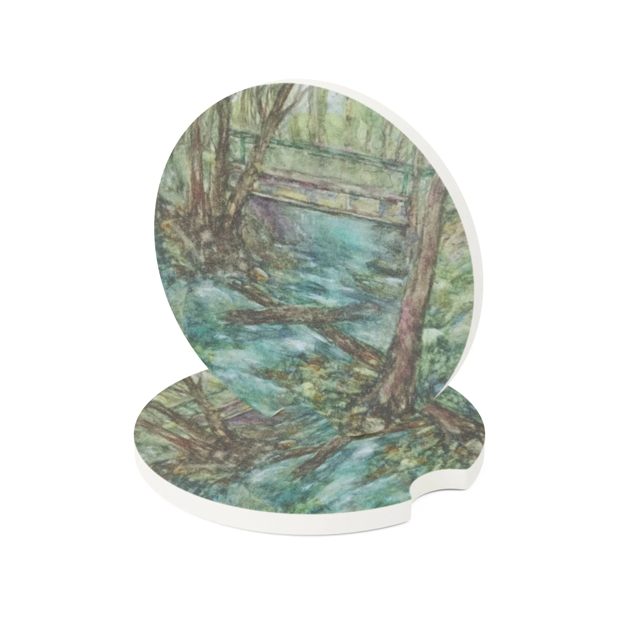 Creek and Foot Bridge Car Coaster | Absorbent Soapstone Auto Accessory For Cup Holders | Montgomery Creek at Montgomery Woods Watercolor Art
