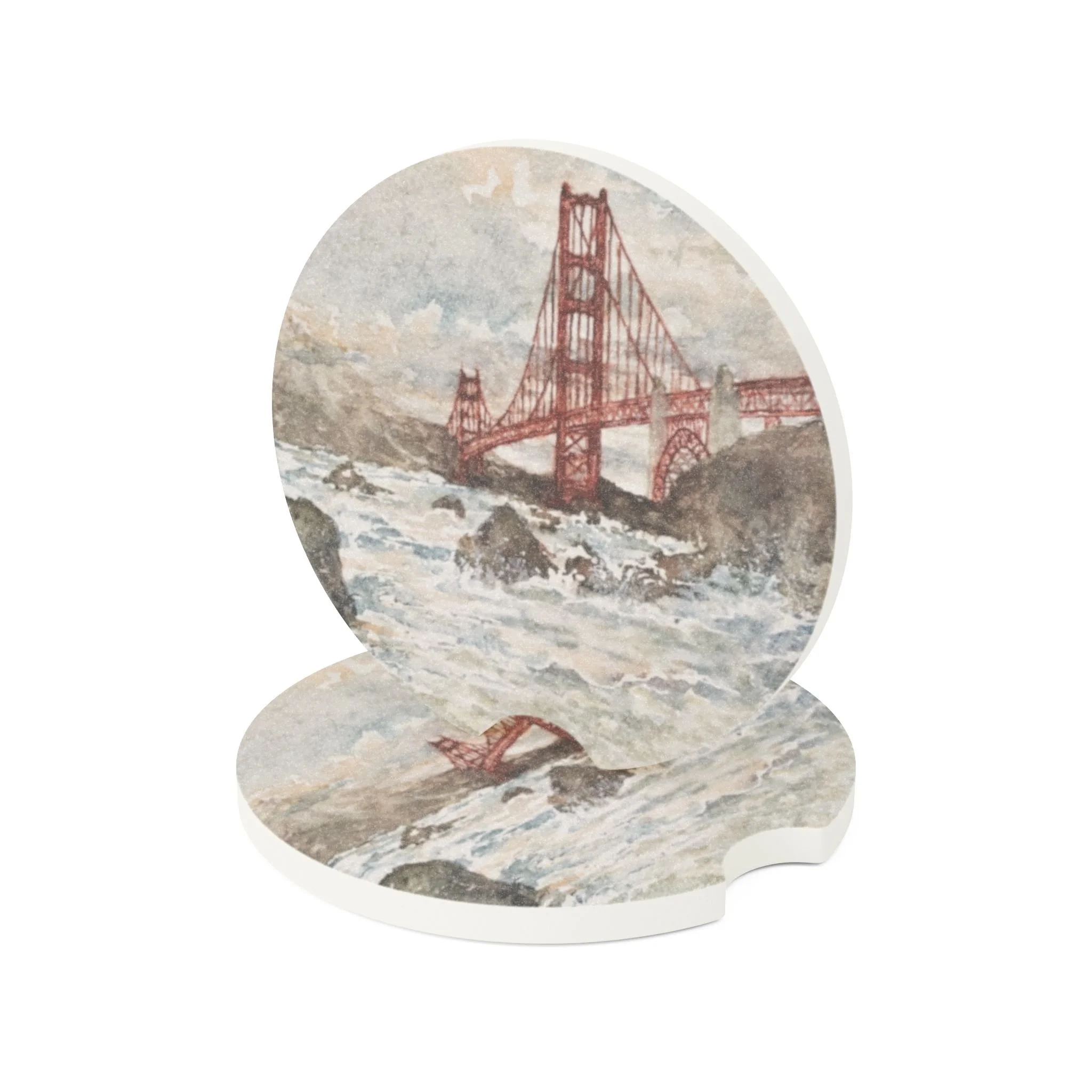 Golden Gate Bridge Car Coaster | Absorbent Soapstone Auto Accessory For Cup Holders | Stormy Day on the Bay Watercolor Art