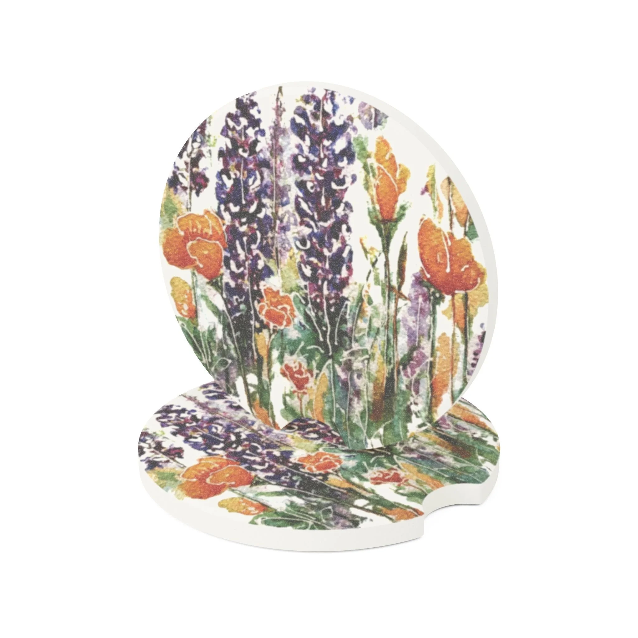 Poppies and Lupines Car Coaster | Absorbent Soapstone Auto Accessory For Cup Holders | Floral Watercolor Art